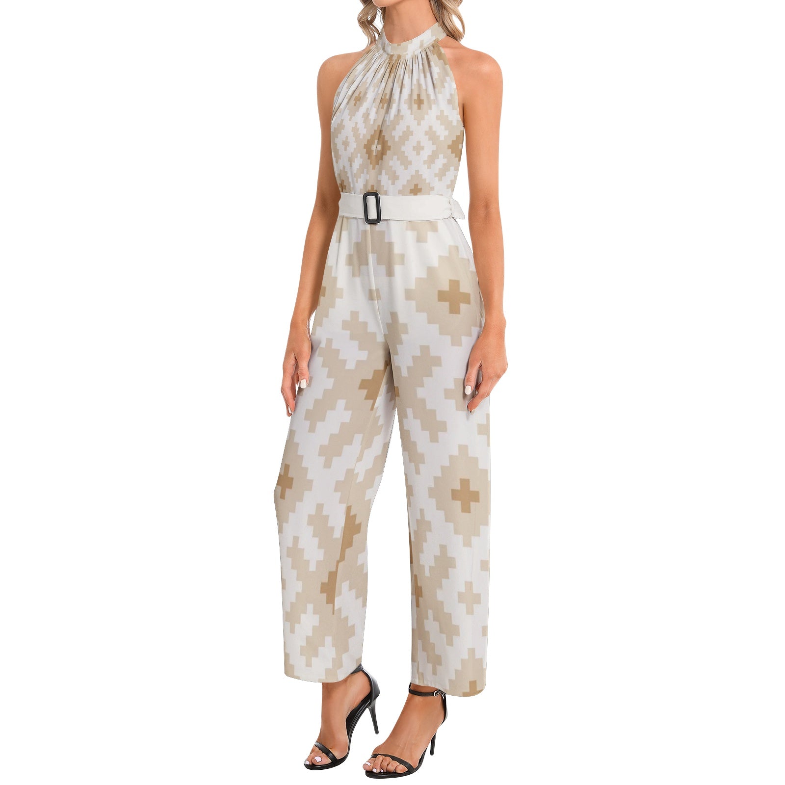 Women's Halter Neck Buckle Belted Jumpsuit - Sierra Cloud Print Fashion Romper for Summer, Beach & Vacation Outfits