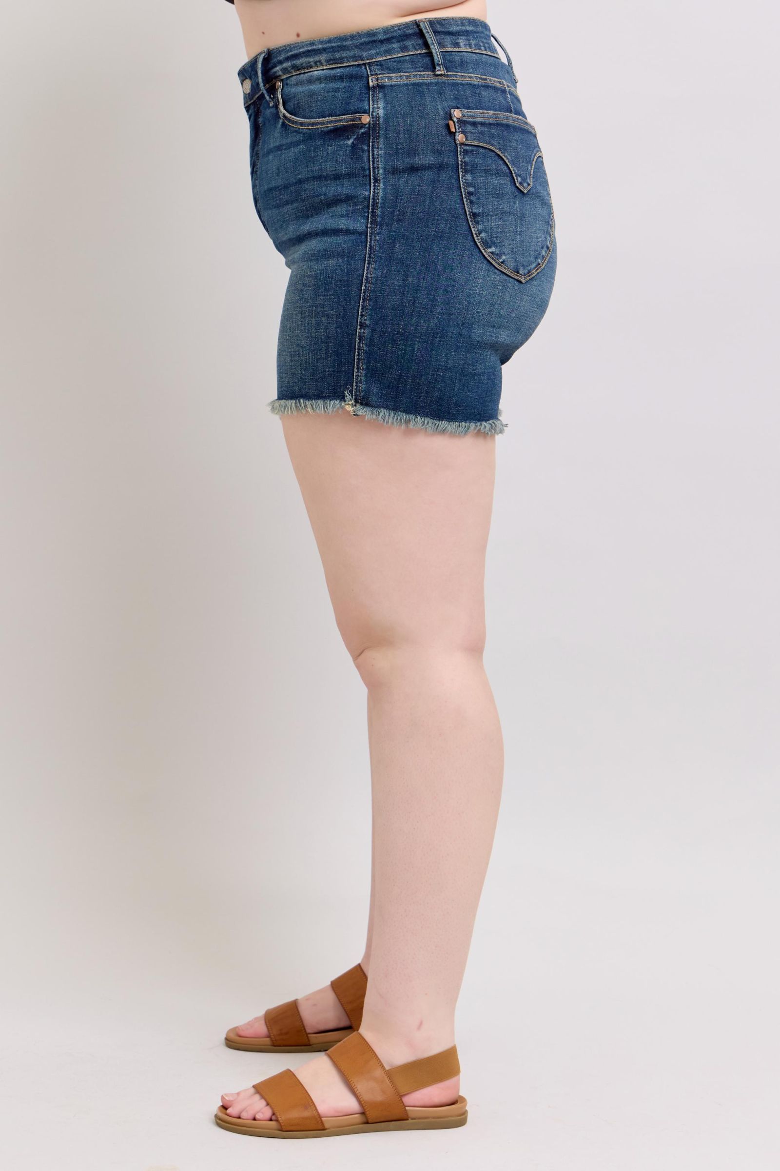 Judy Blue High Waisted Tummy Control Denim Shorts with Frayed Hem & Back Pockets | Women's Stretchy Comfort Jeans for Summer, Beach, and Casual Outfits