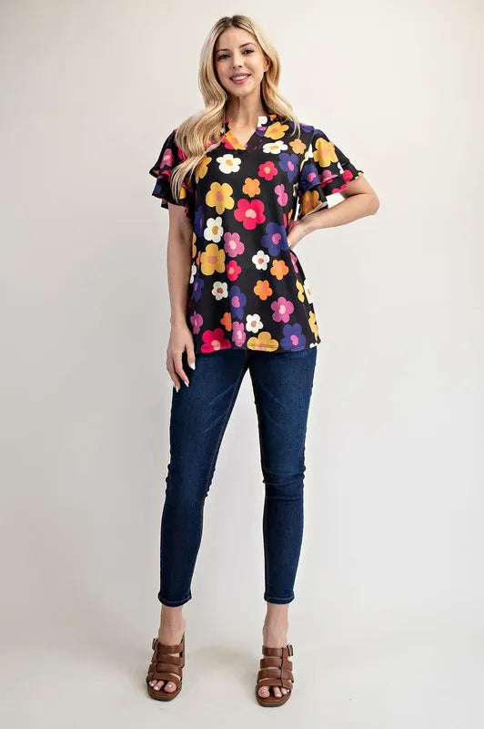 Celeste Bold Floral Print Ruffle Sleeve Blouse for Women | Elegant Party & Date Night Top | Summer Casual & Formal Occasion Wear