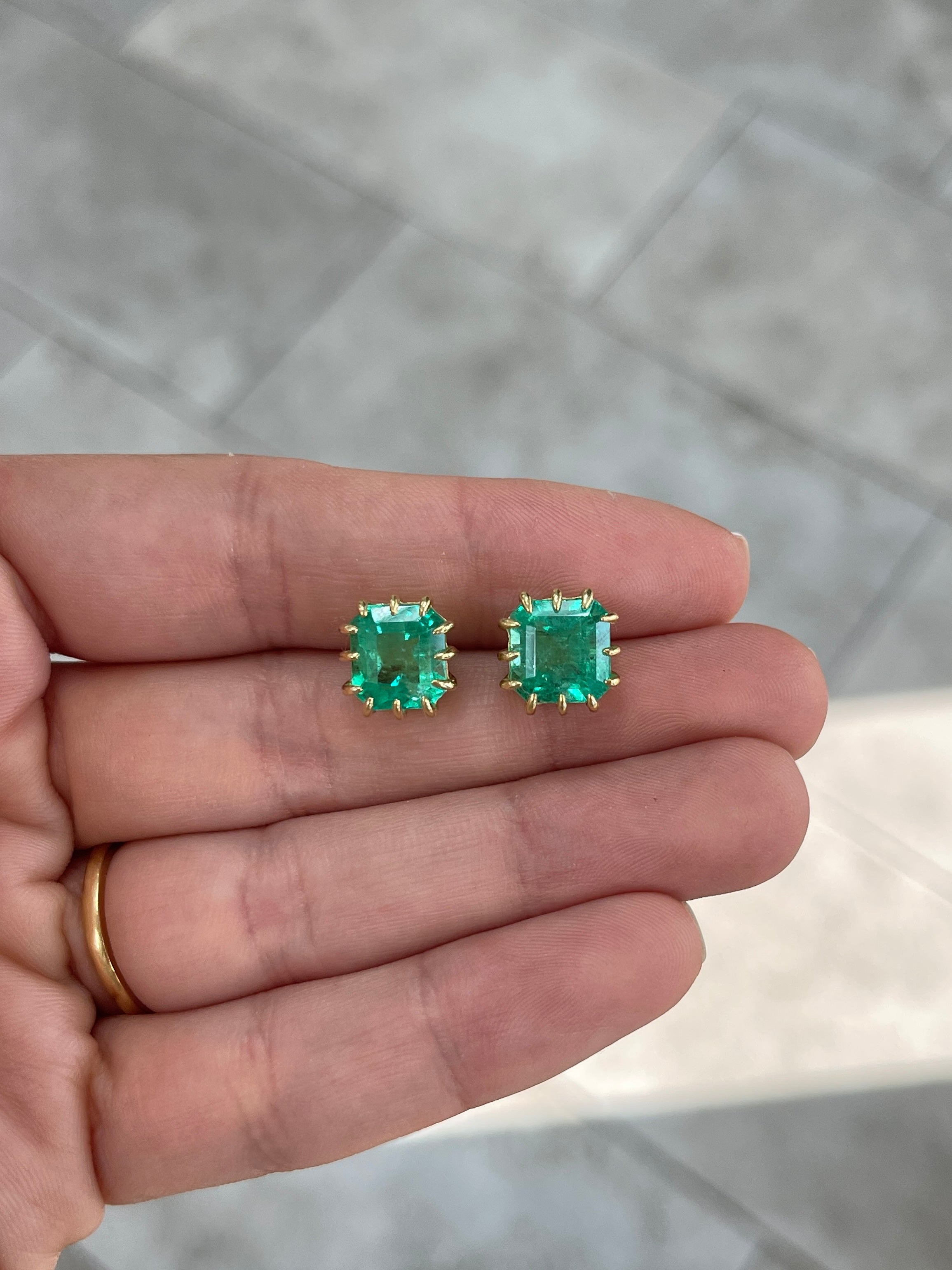 8.56tcw Colombian Emerald Multi Prong 18K Gold Statement Stud Earrings - Perfect for Weddings, Parties & Special Occasions