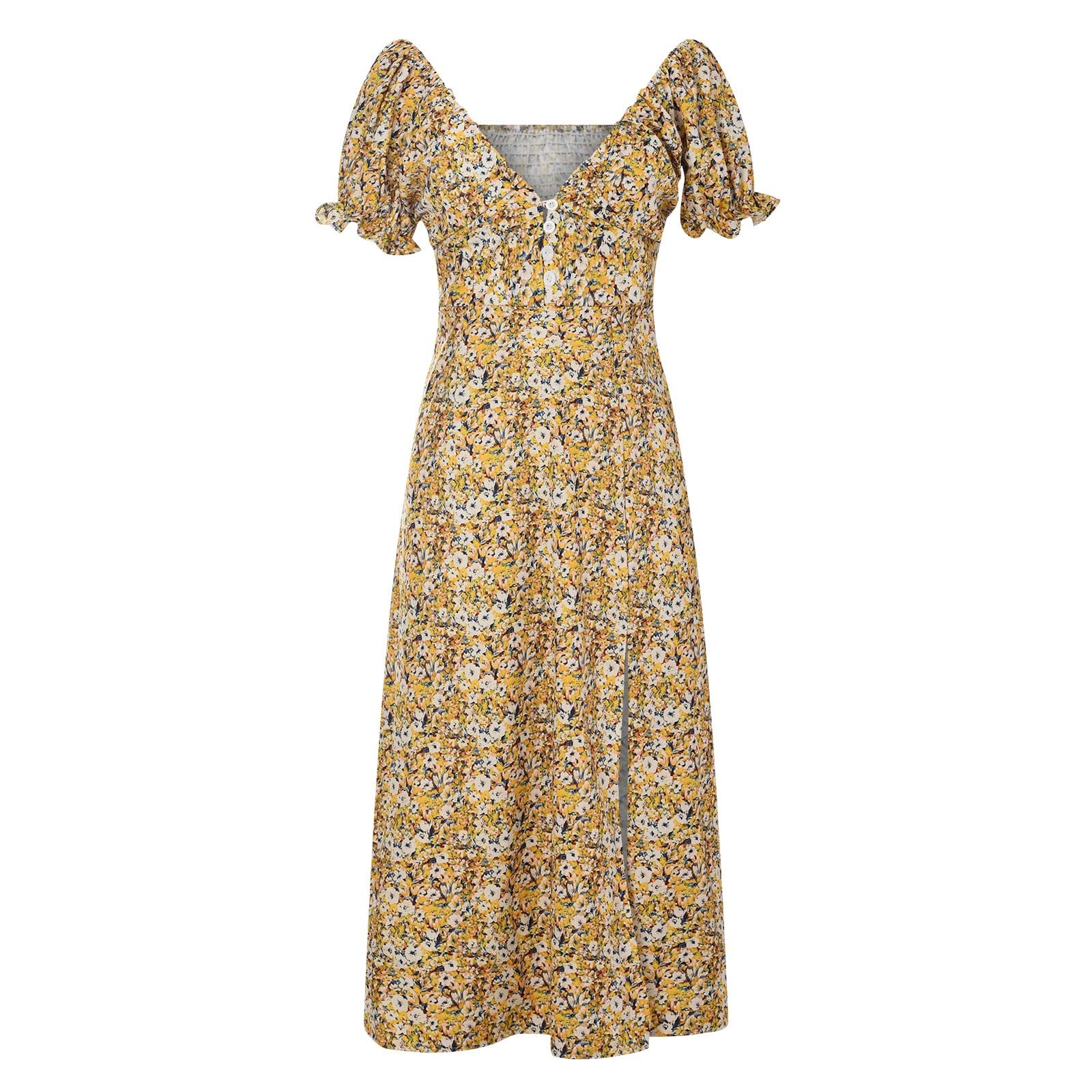 Floral Print Summer Dress for Women - Sexy V-Neck Puff Sleeve Midi Dress with Side Slit, Perfect for Wedding Guest, Party, and Casual Outings