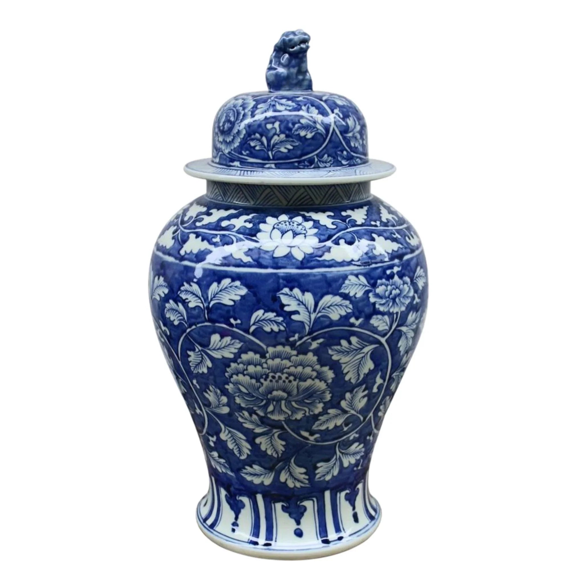 Blue and White Porcelain Ginger Jar with Peony Design & Lion Lid - Vintage Chinese Decorative Storage Jar for Home Decor, Spice Storage, or Gift Giving - Perfect for Living Room, Dining Table, or Kitchen Counter Display