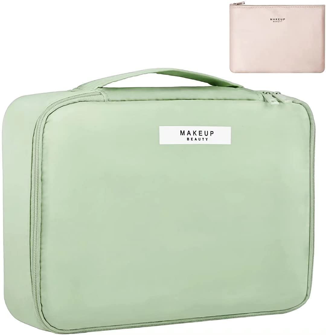 AUSEKALY 2-Piece Cute Large Makeup Bag Set with Brush Pouch & Small Cosmetic Bag for Women | Travel Toiletry Organizer | Perfect for Vacation, Gym, and Daily Beauty Essentials (Green)