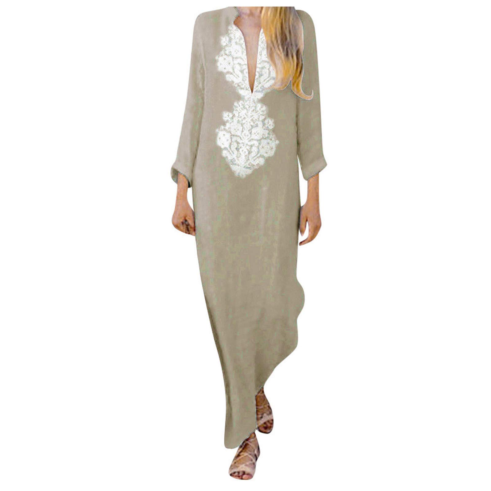 Women's Cotton Linen Casual Dress - Loose Fit V-Neck Long Sleeve Summer Maxi Dress in Khaki | Perfect for Beach Outings, Brunch Dates & Vacation Wear