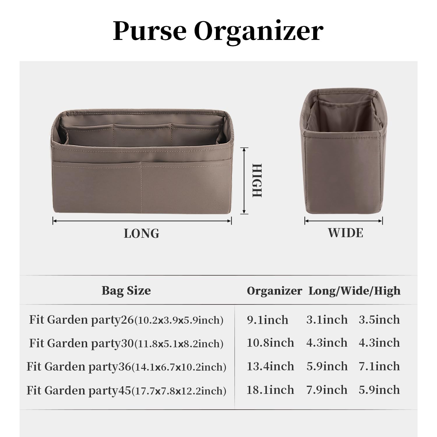 Hermes Garden Party 30 Bag Organizer - Silk Fabric Insert with Pockets for Luxury Totes (Etoupe Grey) - Perfect for Travel & Work