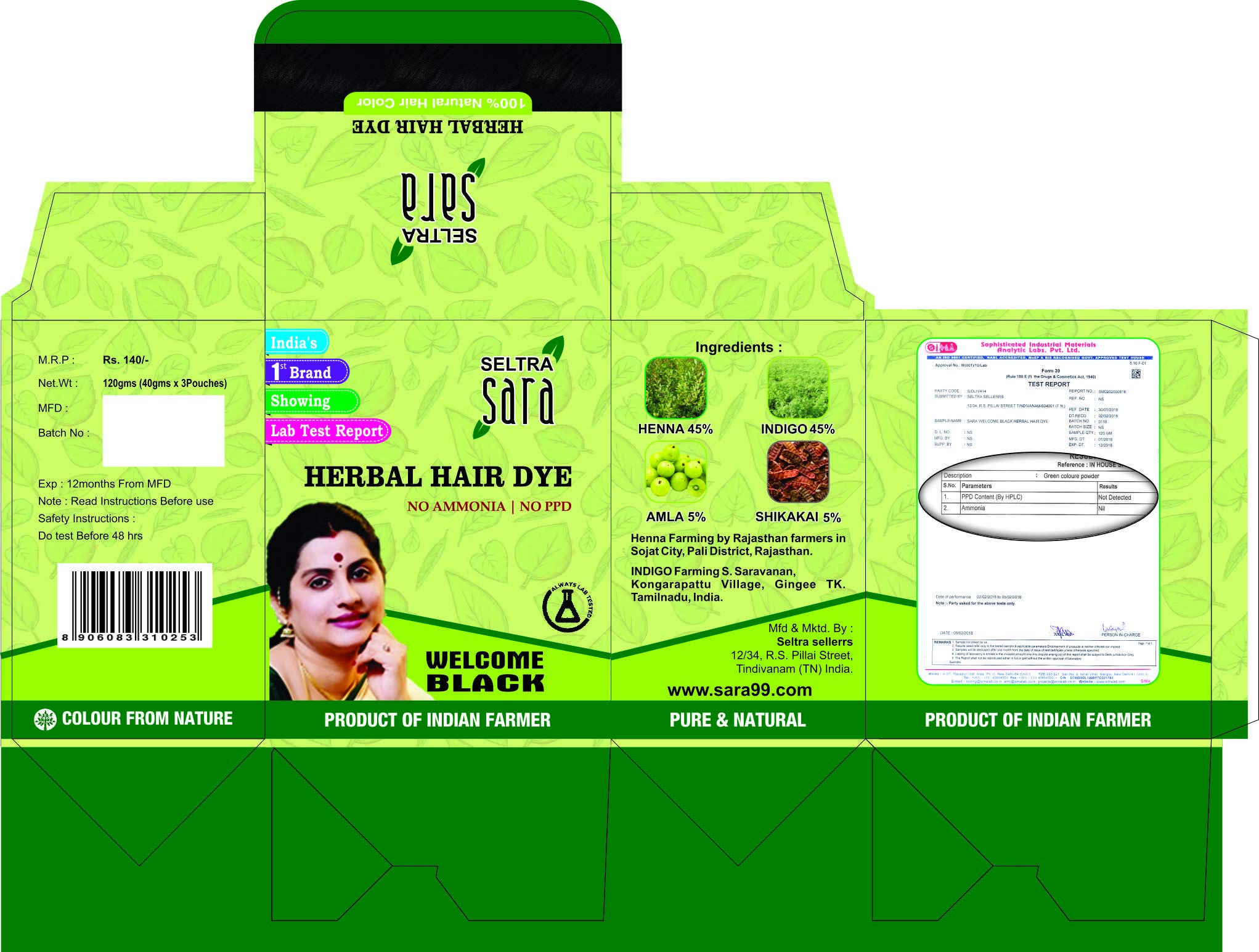 Natural Sara Herbal Hair Dye for Gray Coverage - Ammonia Free, Chemical Free Hair Color for Women & Men - Perfect for At-Home Hair Coloring & Salon-Quality Results