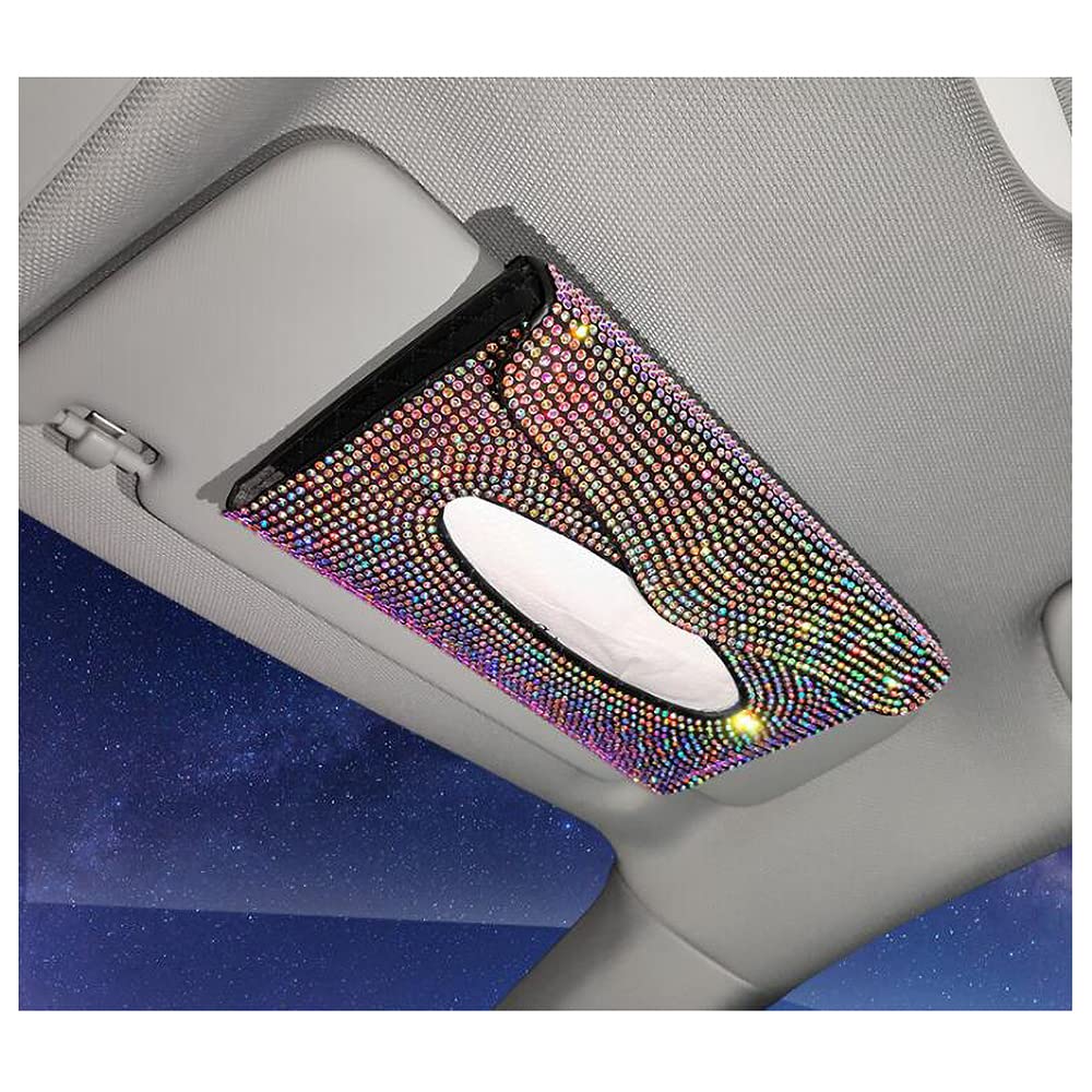 Sparkling Crystal Rhinestone Leather Car Sun Visor Tissue Box Holder - Auto Visor Napkin Holder for Paper Towels & Tissues - Stylish Car Accessory for Road Trips & Daily Commute