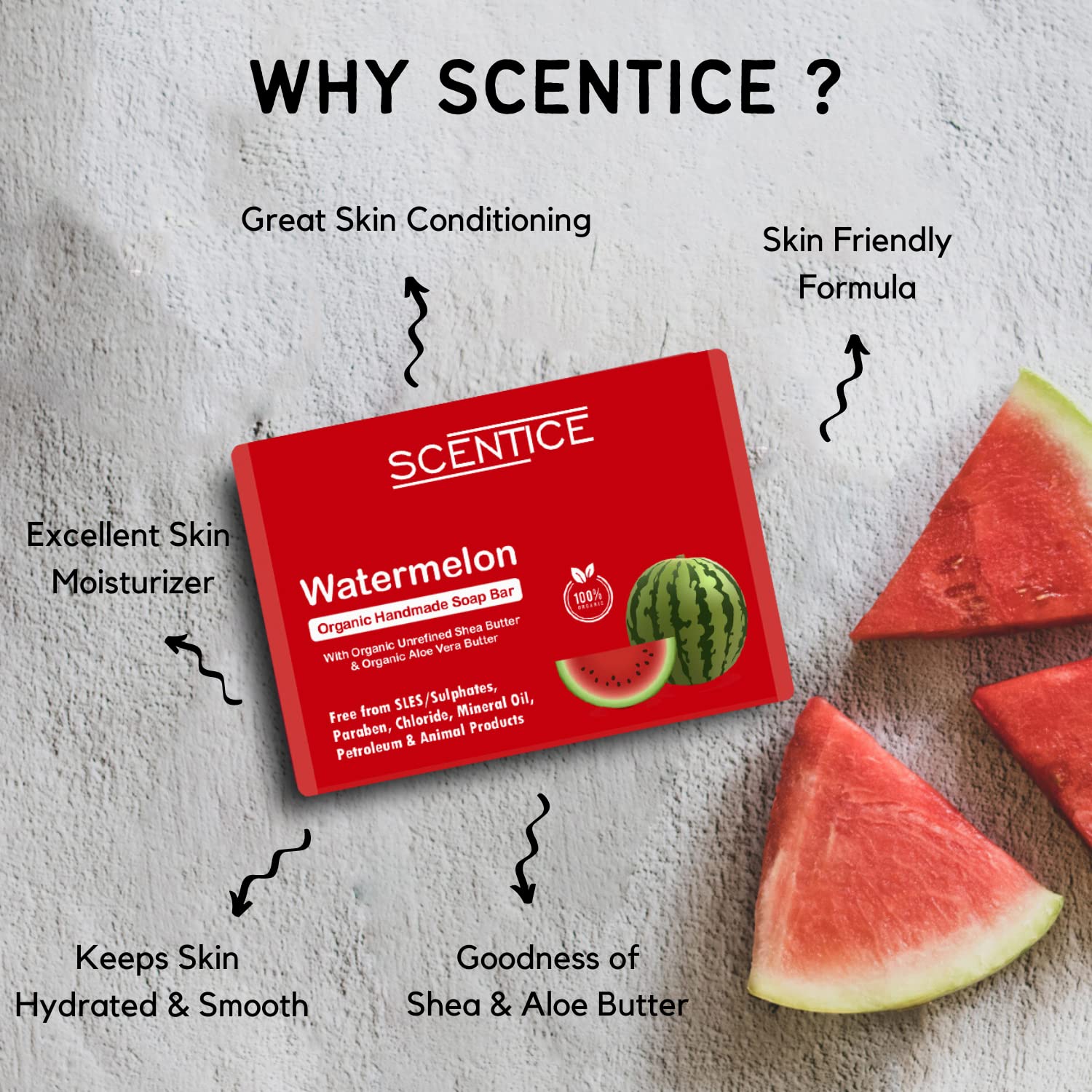 Scentice Watermelon Organic Handmade Soap | Moisturizing & Hydrating Bath Bar | 100g | Perfect for Dry Skin Care & Relaxing Bath Time