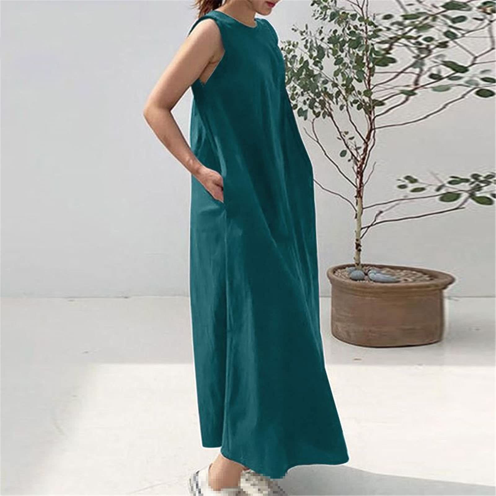 Women's Summer Kaftan Maxi Dress - Sleeveless Beach Cover Up with Belt, White Boho Holiday Dress for Vacation, Pool Party & Resort Wear
