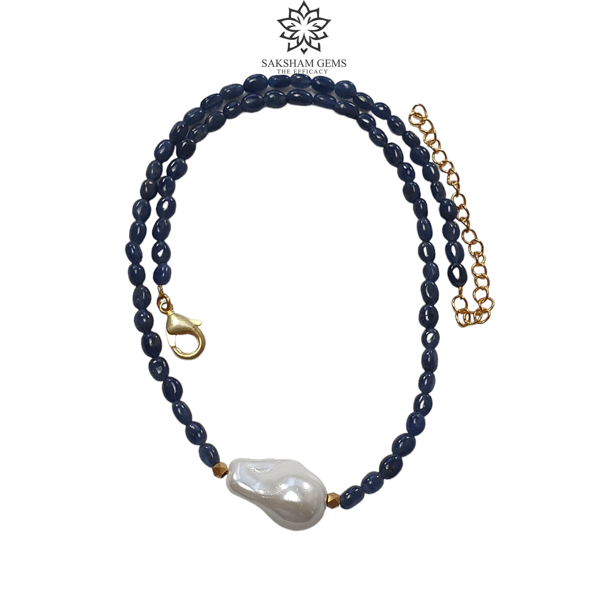 Natural Blue Sapphire Gemstone Necklace - 19.30g Oval Cut Sapphire with Brass Beaded Chain (20 inches) | Elegant Jewelry for Women, Perfect for Weddings, Parties & Special Occasions