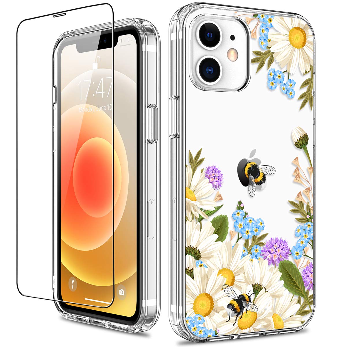 GiiKa Clear Floral Shockproof Hard Case with TPU Bumper for iPhone 12/12 Pro - Full Body Protection for Women & Girls (White Flowers) - Perfect for Daily Use, Work & Outdoor Activities
