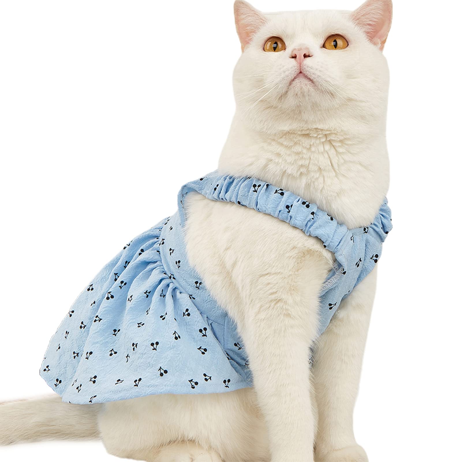 Hionre Cute Cherry Print Kitty Clothes & Dog Outfits - Summer Suspender Skirt Dress for Small Cats and Dogs (Blue, XS) - Perfect for Outdoor Adventures, Pet Parties & Photo Shoots