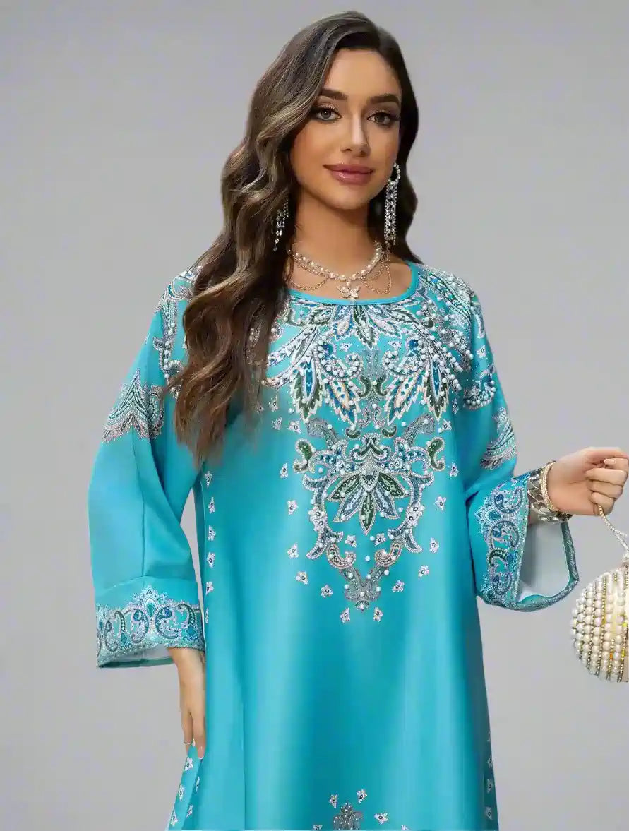 Elegant Hotfix Rhinestone Printed Caftan Kaftan Dress for Women - Eid Party Wear, Summer Beach Cover Up, Boho Maxi Dress #25425