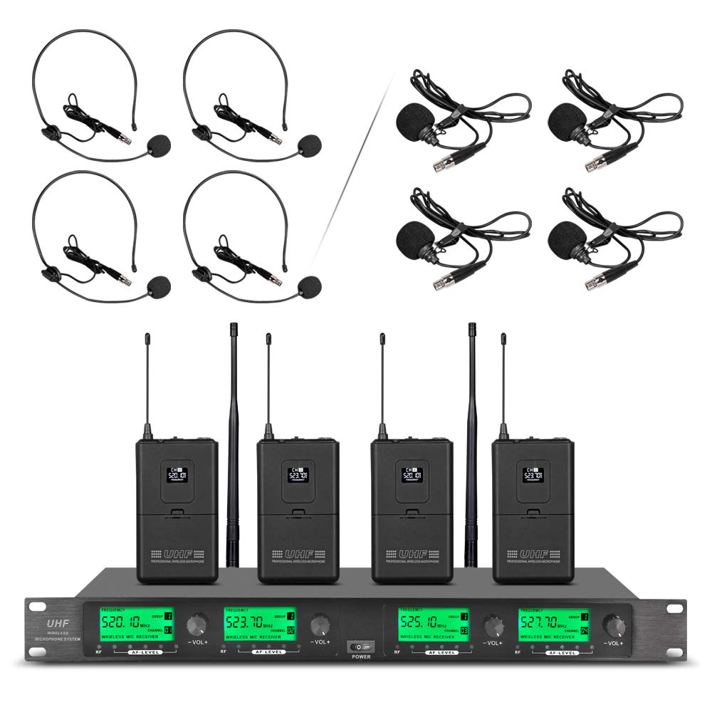WENWEN Professional UHF Wireless Microphone System - 4 Channel with 4 Lavalier Mics, 4 Bodypacks & 4 Headsets for Karaoke, Church, Conference, Wedding & Events | Ideal for Public Speaking, Performances & Live Streaming