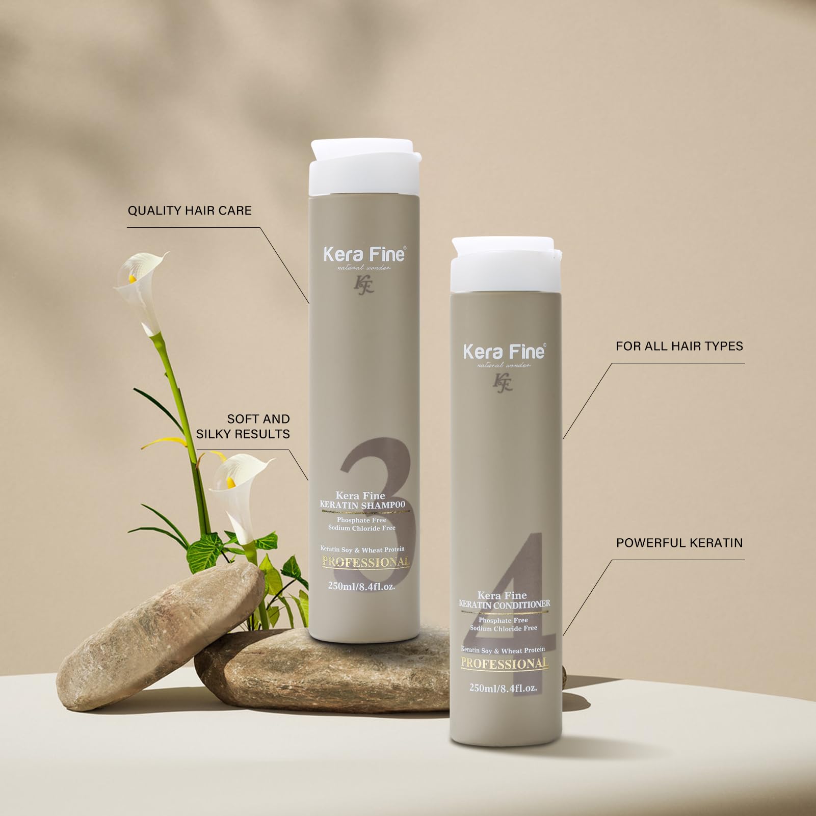 KERA FINE Sulfate-Free Shampoo & Conditioner Combo Pack (250ml+250ml) - Paraben & Phosphate Free, No Sodium Chloride - Ultra Shine Hydrating Hair Care with Keratin, Soy & Wheat Protein - Perfect for Damaged, Dry & Frizzy Hair at Home or Salon