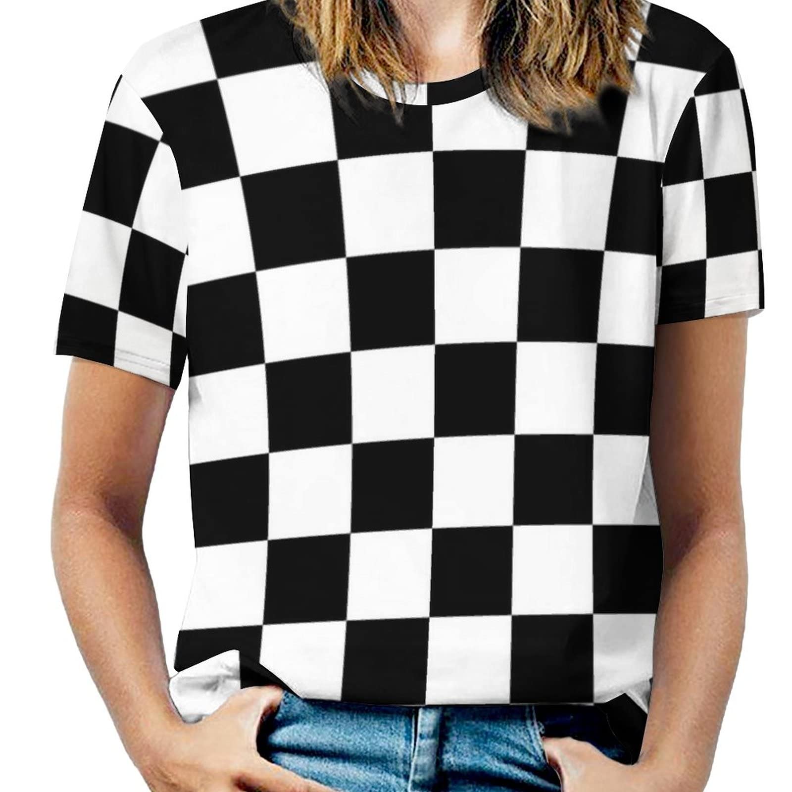 Bagea-Ka Women's Black & White Checkered Flag Graphic Print Short Sleeve T-Shirt | Race Day Outfit | Casual Streetwear Tee for Women | Perfect for Motorsport Events, Concerts & Everyday Wear