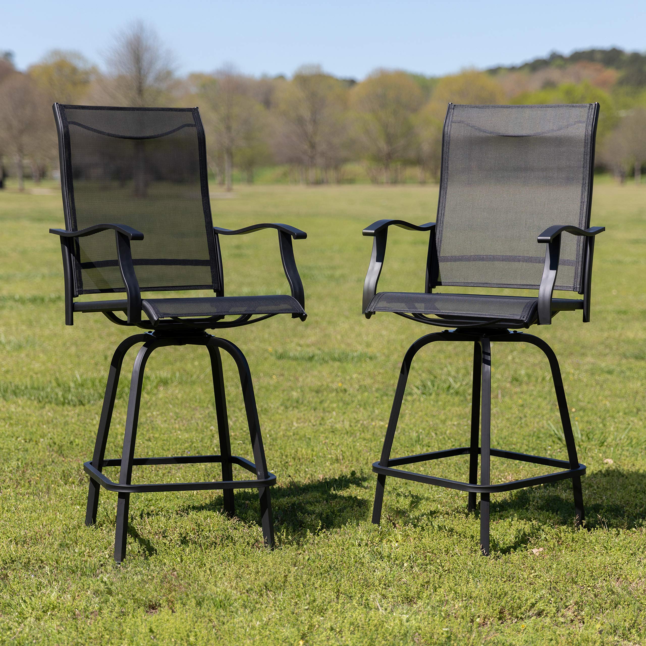 **Black All-Weather Textilene Swivel Bar Height Patio Stools Set of 2 – High Back & Armrests for Outdoor Deck, Garden, or Poolside Relaxation**