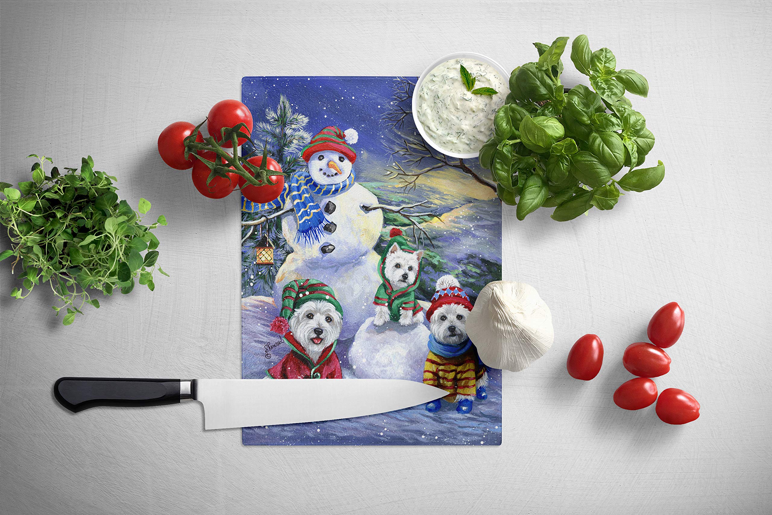Westie Holiday Snowballs Tempered Glass Cutting Board - Large Decorative Kitchen Chopping & Serving Board for Christmas | PPP3208LCB | Perfect for Holiday Entertaining & Gift Giving