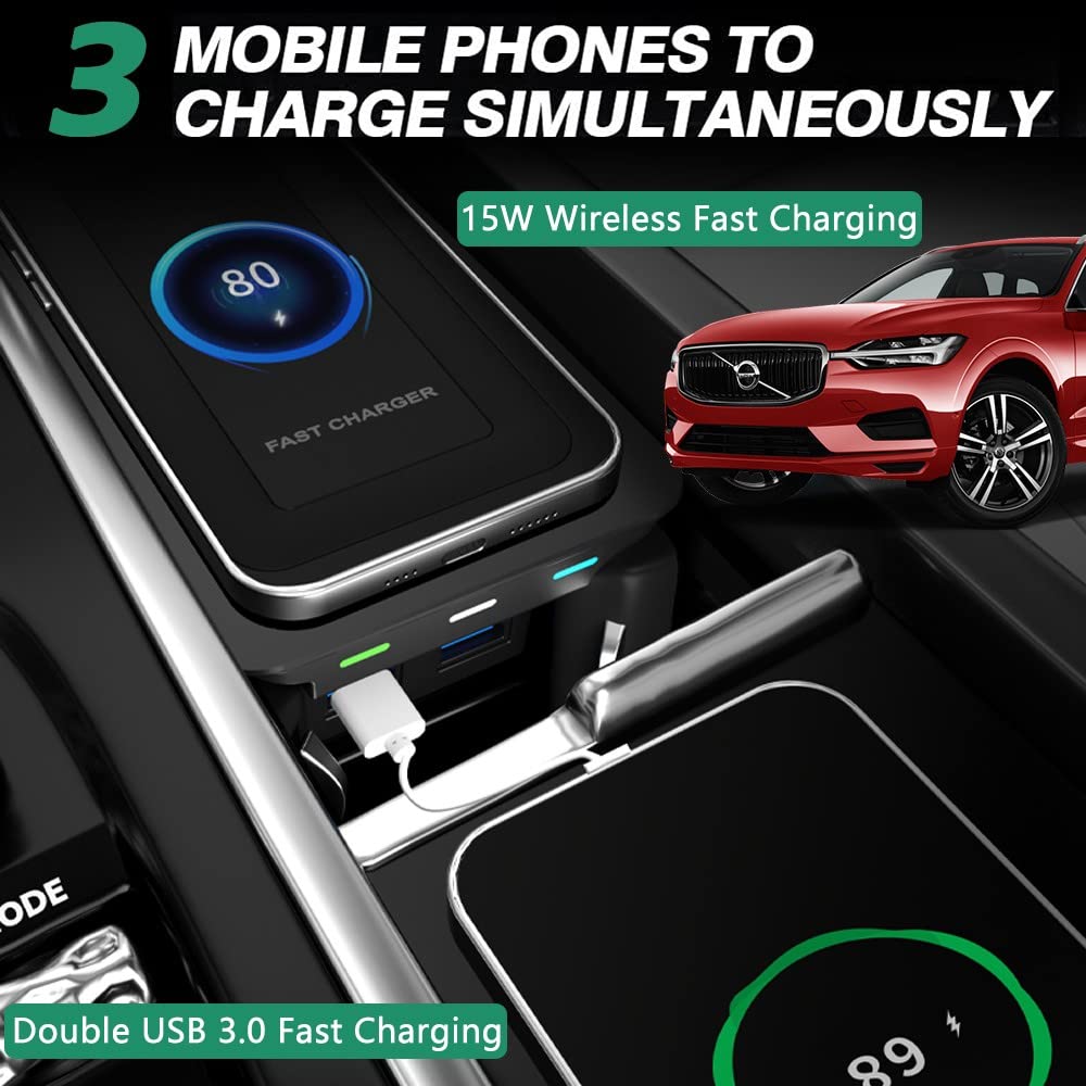 15W Fast Wireless Charger for Volvo XC90 XC60 S90 S60 V90 V60 (2017-2022 Models) - Qi-Certified Car Phone Charging Pad with LED Indicator, Perfect Center Console Accessory & Gift for Volvo Owners - Ideal for Commuting, Road Trips and Daily Driving