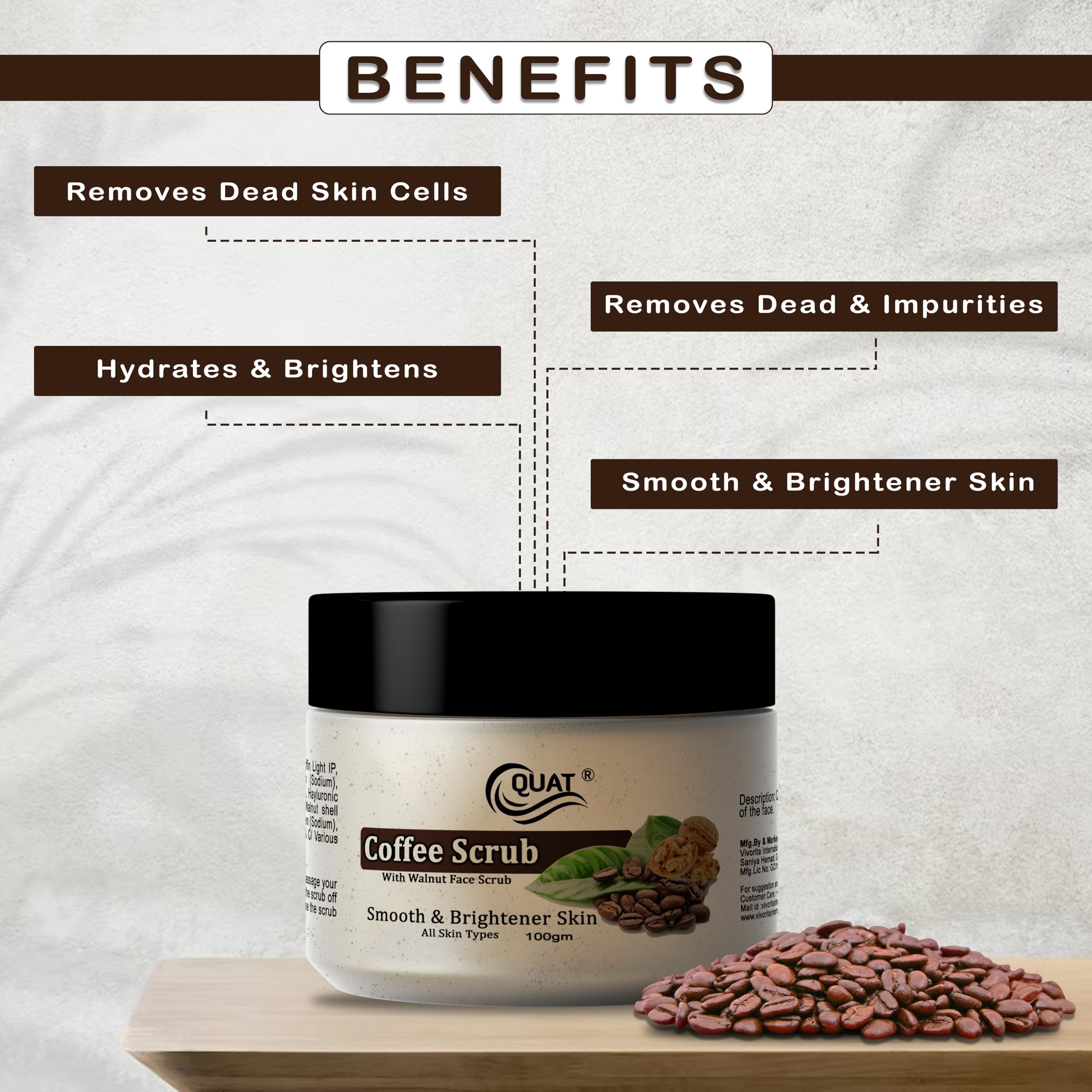 Quat Coffee Face Scrub for Glowing Skin - Exfoliating & Brightening Facial Cleanser for Women & Men - Natural Coffee Bean Scrub for Acne, Blackheads & Dull Skin - Perfect for Daily Skincare Routine & Spa Day