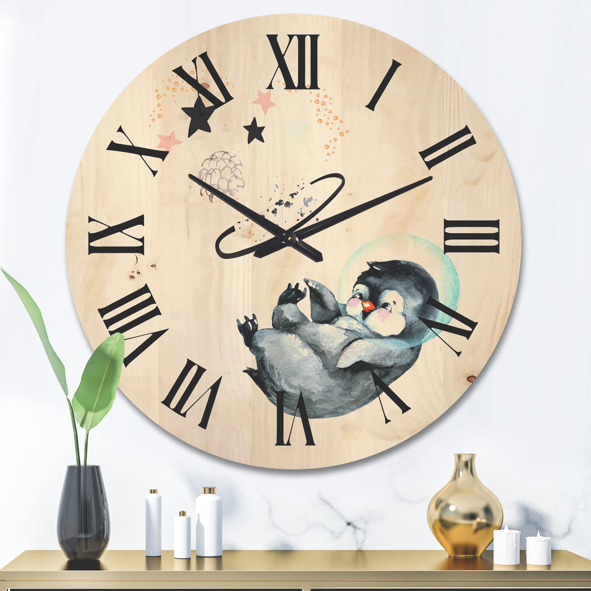 DesignQ 'Little Penguin with Planets and Stars' Large Farmhouse Wood Wall Clock - Oversized Decorative Animal Wall Clock for Living Room, Bedroom & Office Décor - Perfect for Home, Nursery & Gift Giving