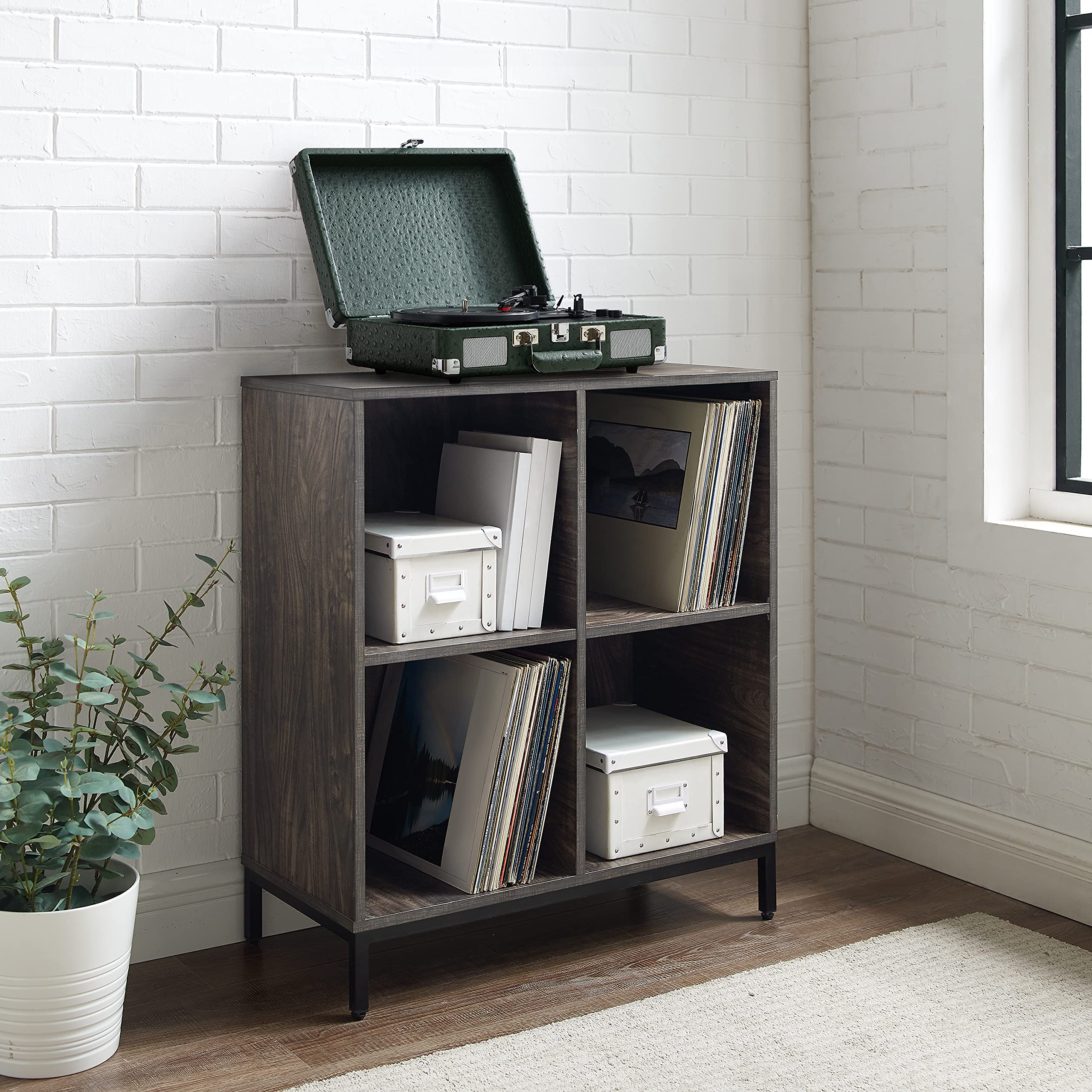 Crosley Jacobsen Storage Cube Bookcase & Vinyl Record Player Stand with Record Holder - Brown Ash Finish | Perfect for Living Room, Bedroom & Home Office Organization