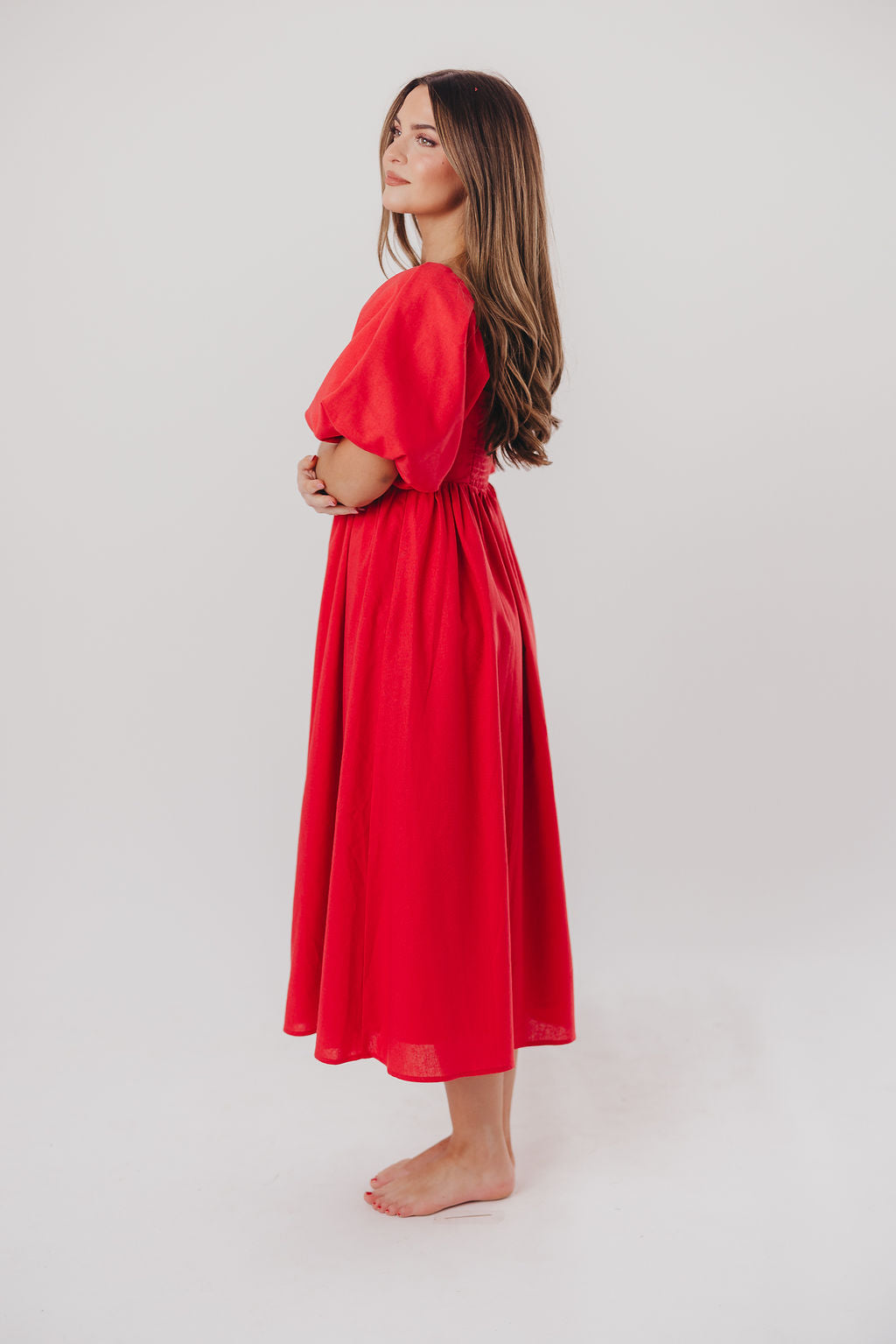 Hamilton Midi Dress in Red - Bump Friendly Maternity Dress (S-XL) | Flowy Summer Dress for Pregnancy, Baby Shower & Special Occasions