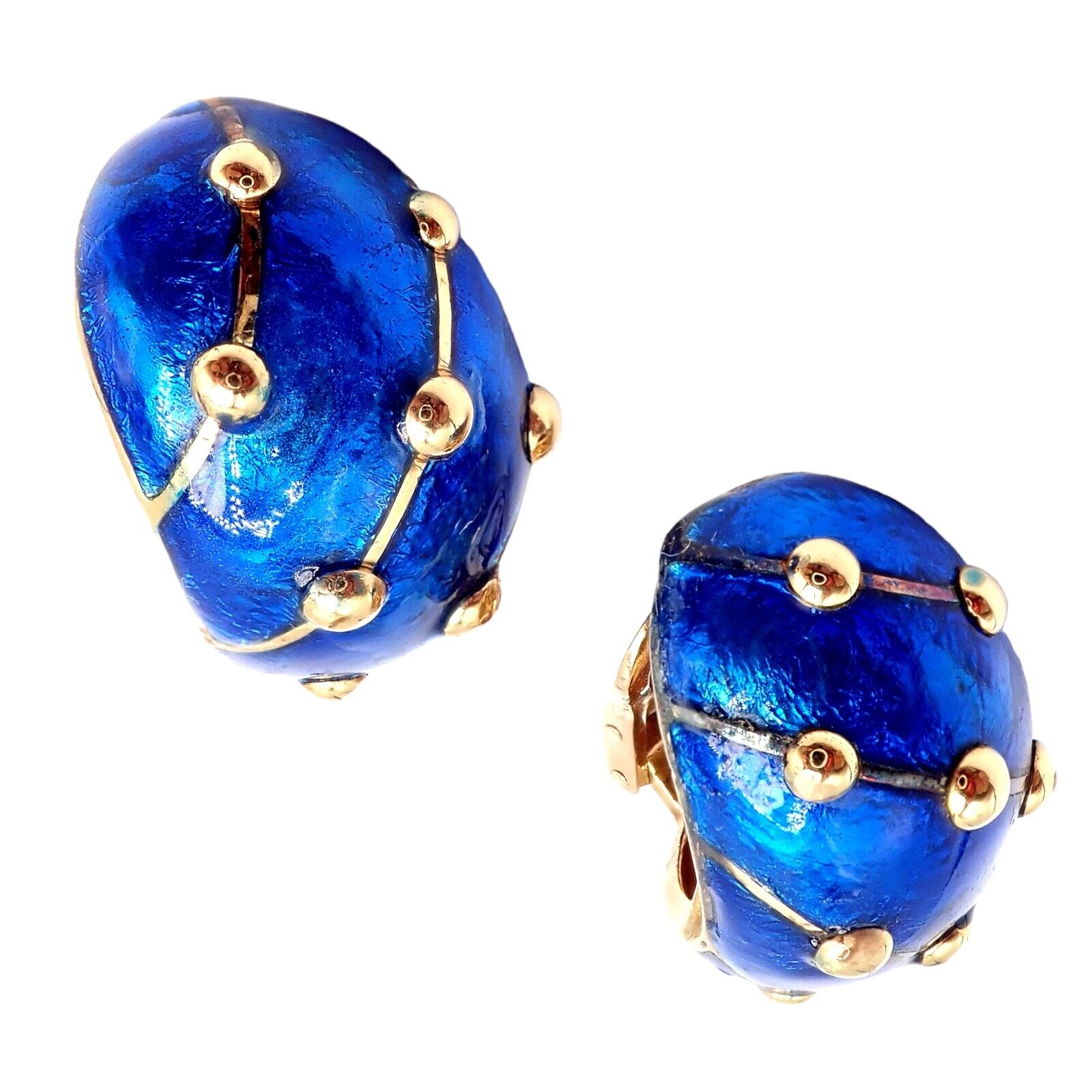 Tiffany & Co Schlumberger 18k Yellow Gold Large Blue Enamel Banana Clip Earrings - Luxury Vintage Jewelry for Women, Perfect for Parties, Weddings & Special Occasions