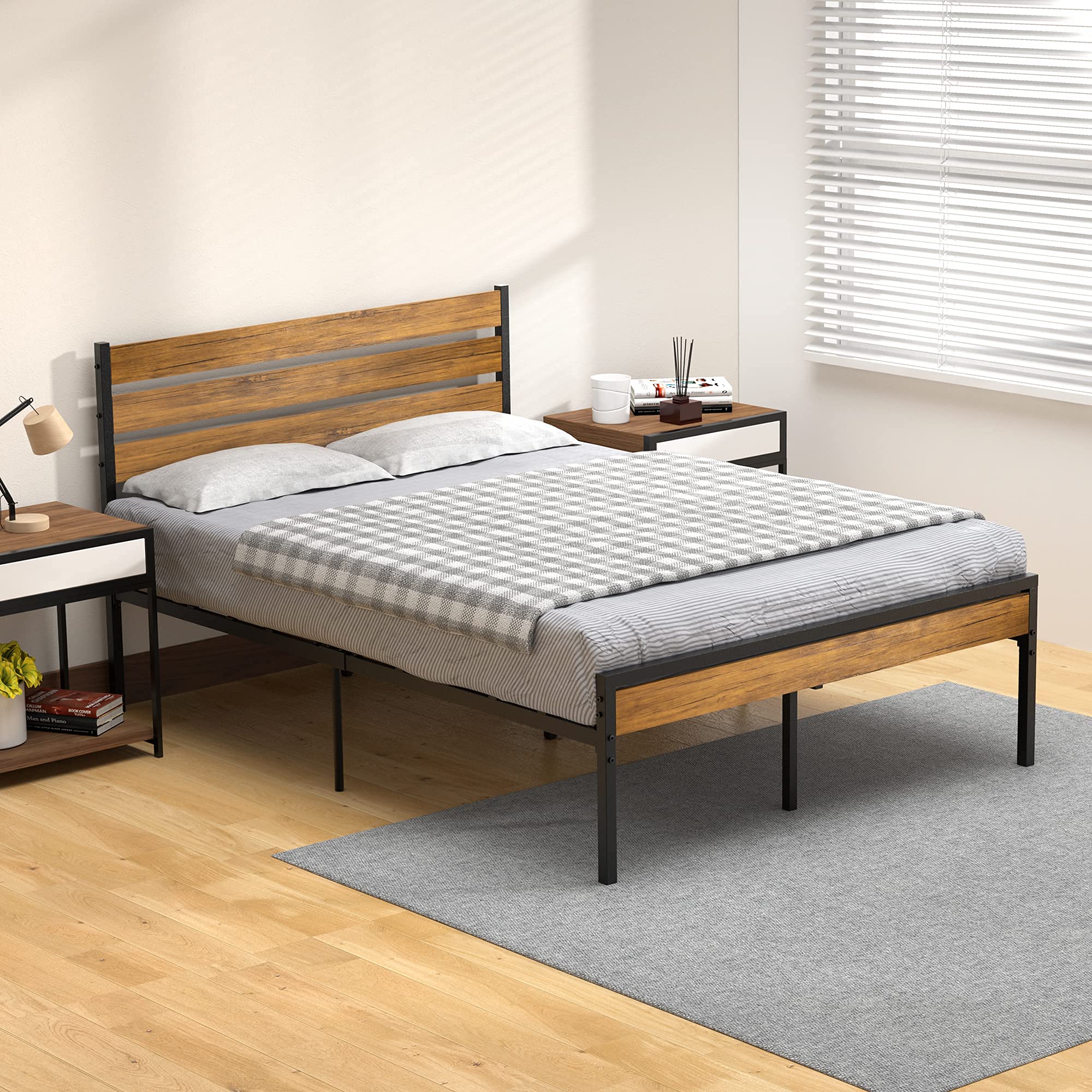 Full Bed Frame with Wood Headboard & Metal Slats - Sturdy Platform Bed with Storage Space, No Box Spring Required | Perfect for Small Bedrooms, Guest Rooms & Apartments