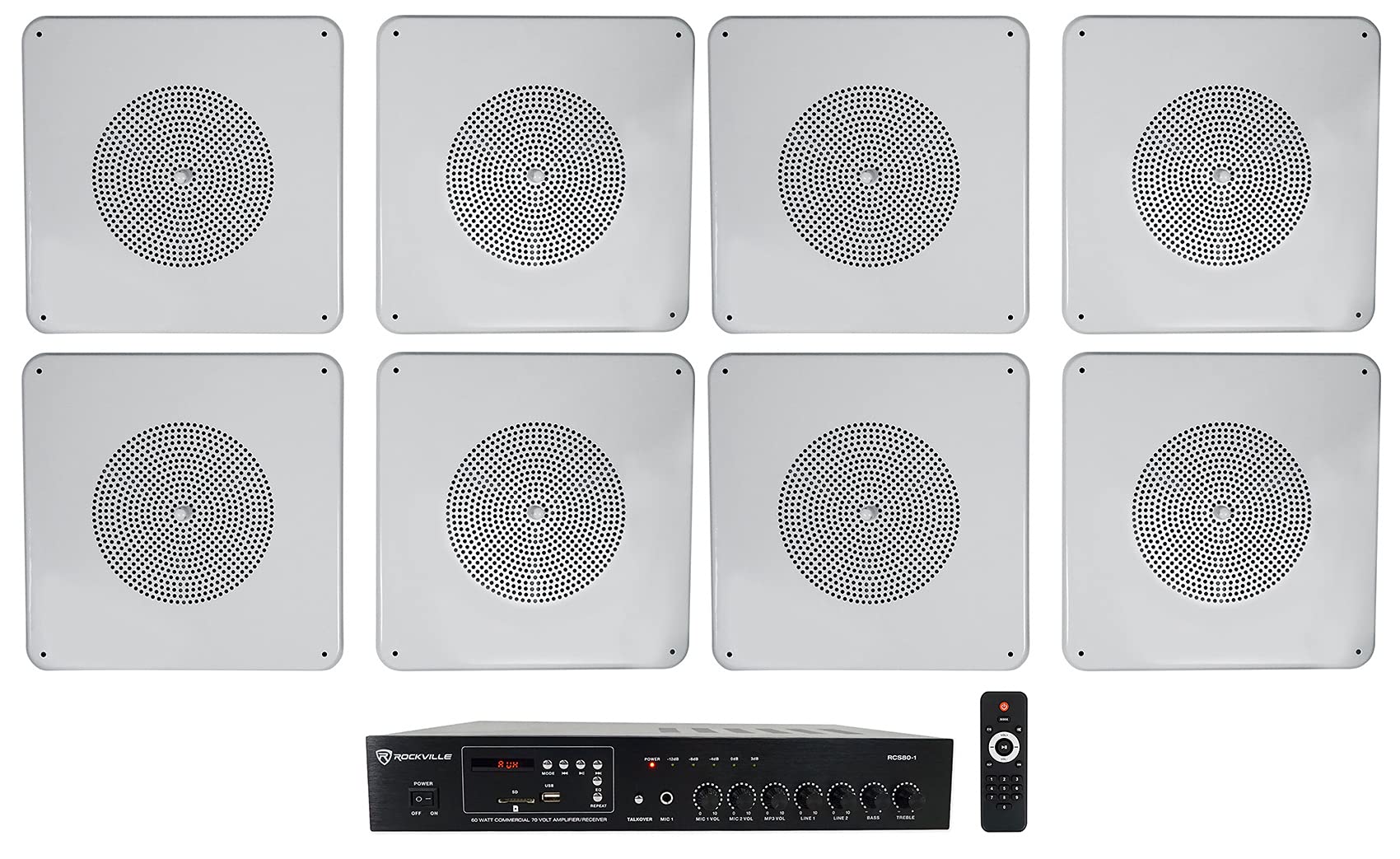 Rockville RCS80-1 60 Watt 70V Commercial Amplifier with Bluetooth & 8 MS81 Metal Ceiling Speakers for Restaurant Background Music PA System - Perfect for Hotels, Retail Stores, and Office Buildings