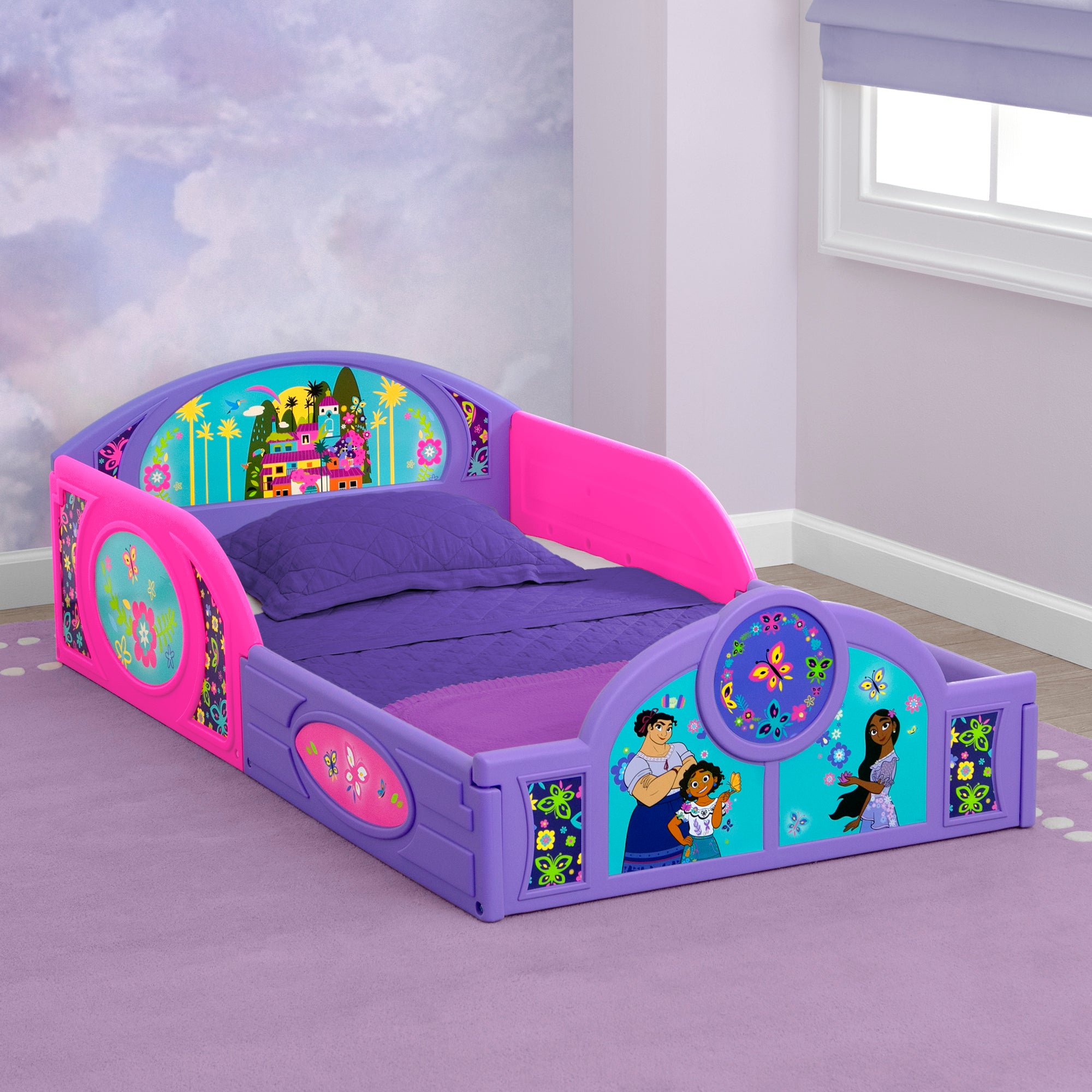 Encanto Plastic Toddler Bed with Safety Rails - Convertible Sleep and Play Bed for Kids - Perfect for Nursery, Daycare, or Playroom