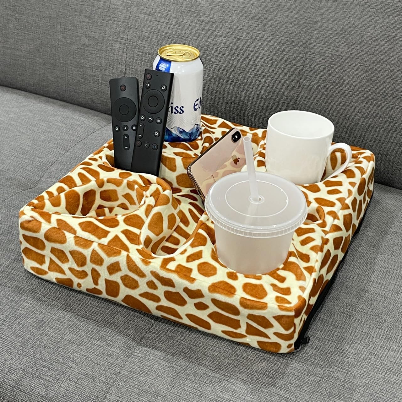 Multi-Functional Couch and Bed Cup Holder Pillow with Snack Tray - Perfect for Drinks, Remote Control & Snacks (Giraffe Design) - Ideal for Movie Nights, Gaming & Relaxing on Sofa or Bed