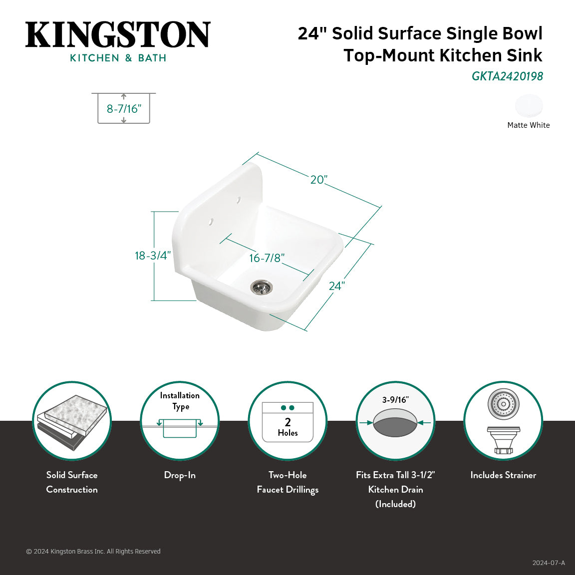 Arcticstone GKTA2420198 24-Inch White Solid Surface Top Mount Kitchen Sink with Backsplash & Strainer - Matte Finish for Modern Farmhouse & Contemporary Kitchens