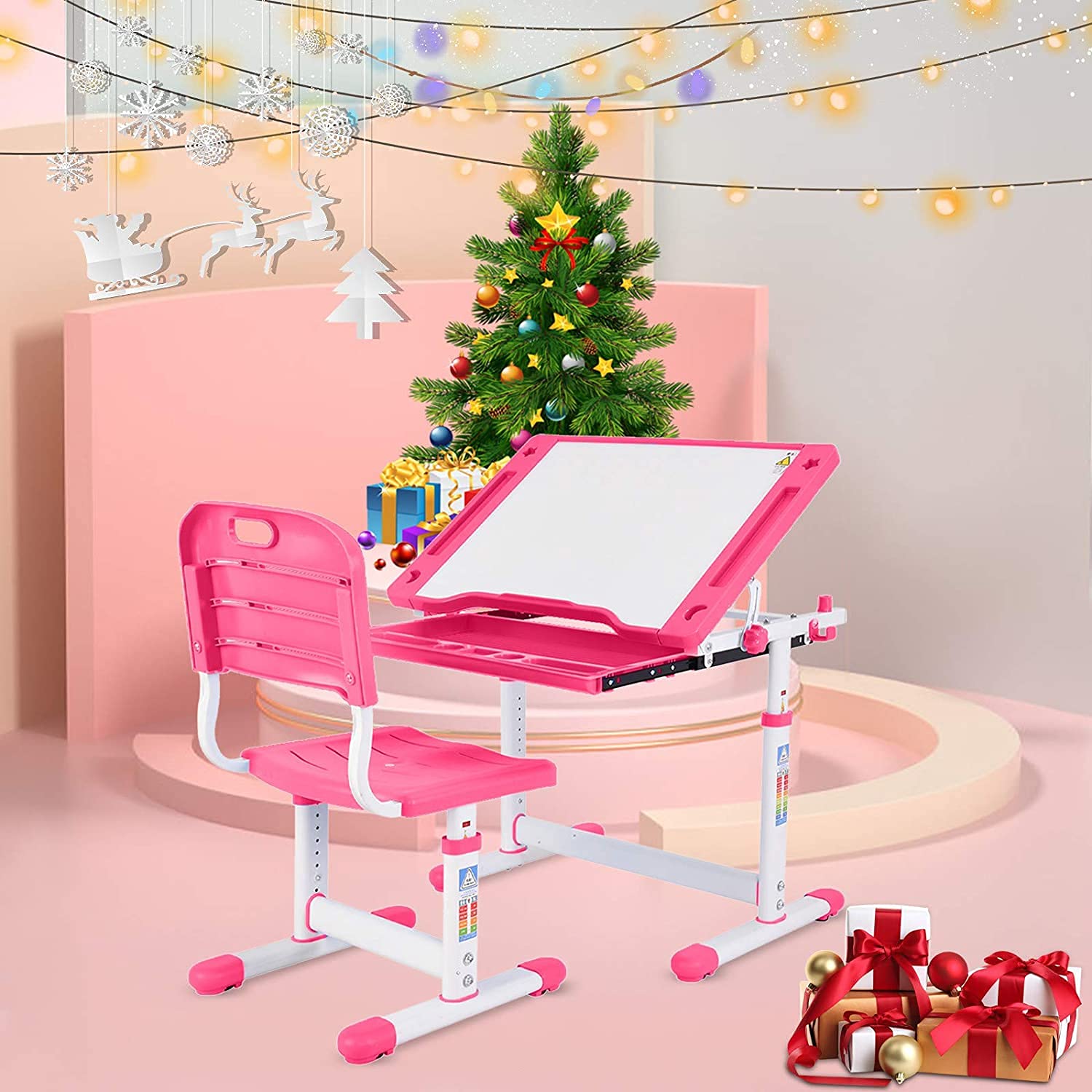 Adjustable Kids Desk and Chair Set with Tilt Desktop, Pull-Out Drawer & Side Hook - Multifunctional Study Desk for Boys & Girls Ages 3-18 - Perfect for Homeschooling, Online Learning & Homework Station