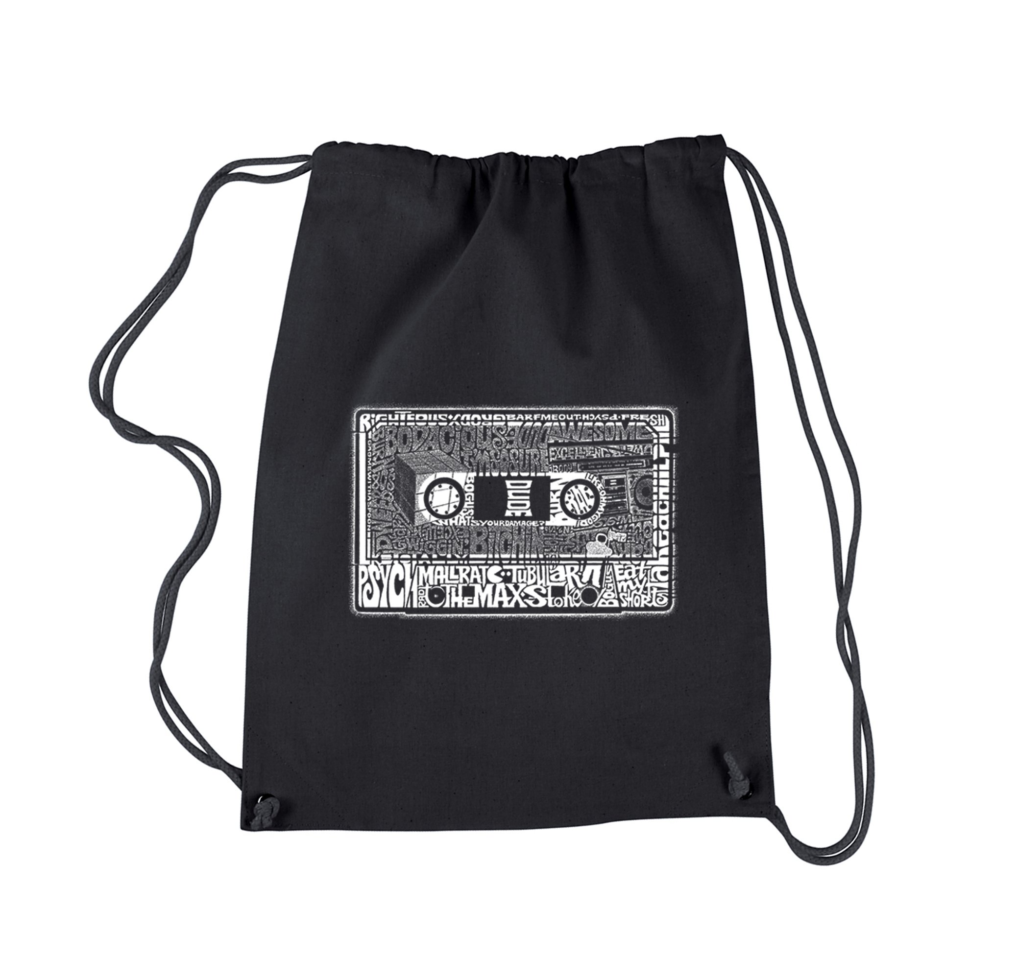 LA POP ART Drawstring Word Art Backpack - Retro 80s Style Black Backpack for School, Travel & Street Fashion
