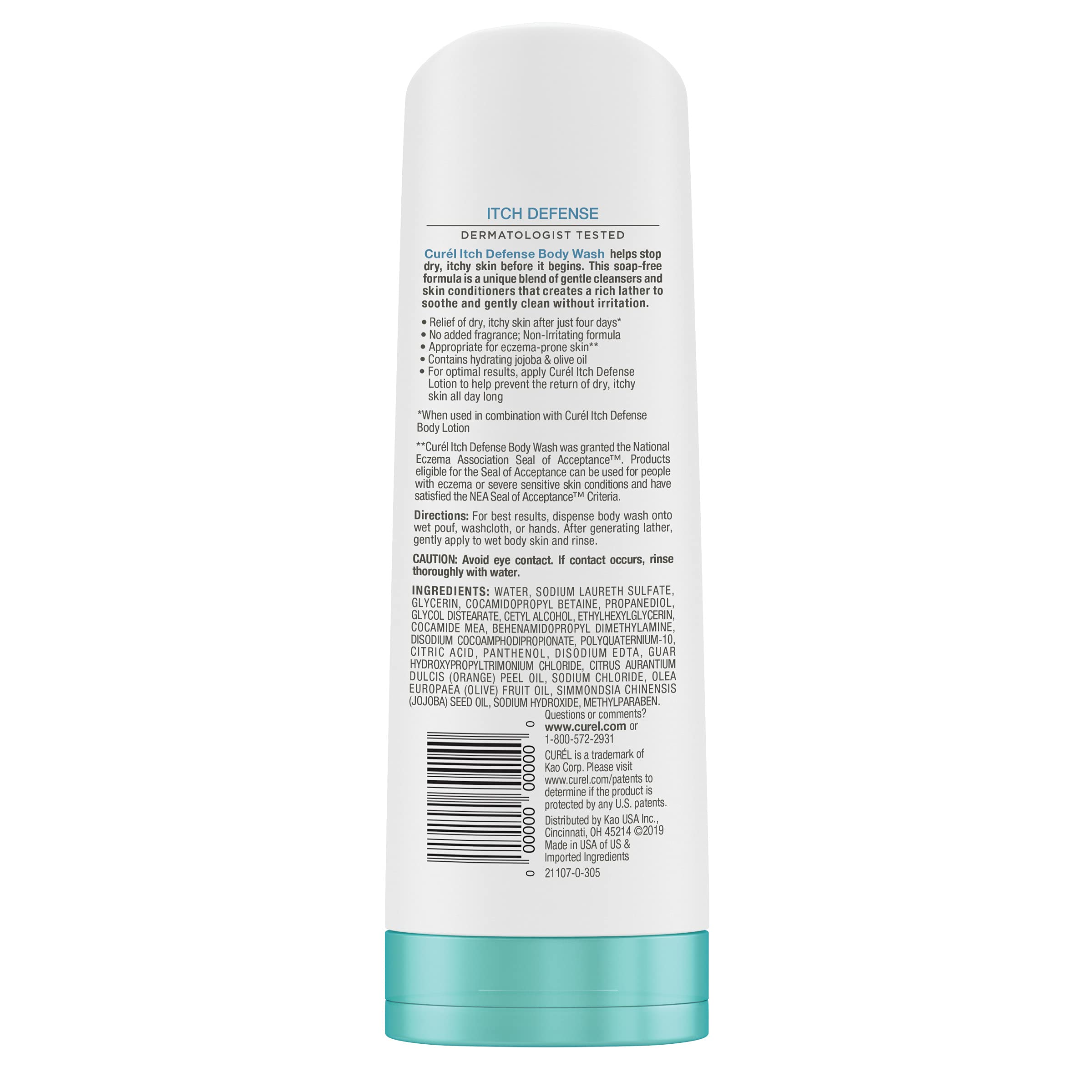 Curel Itch Defense Calming Body Wash & Daily Cleanser - Soap-Free Formula for Dry, Itchy Skin - Hydrating Jojoba & Olive Oil - 10 oz - Gentle Shower & Bath Solution for Sensitive Skin Care