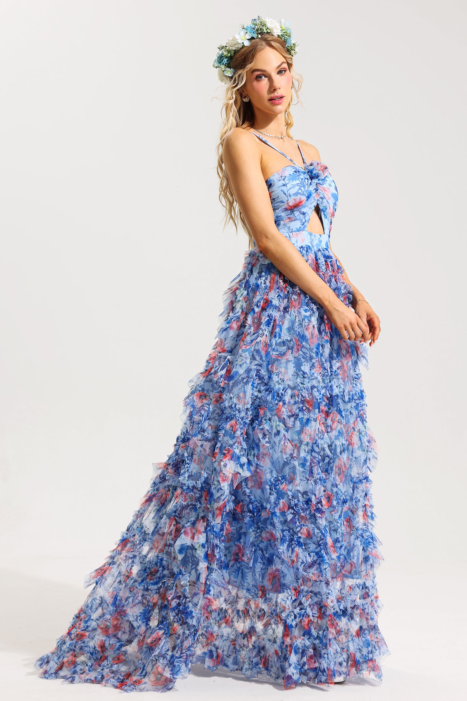 Elegant 3D Floral Print Halter Neck Frill Maxi Dress for Women - Perfect for Summer Weddings, Beach Vacations & Boho Parties