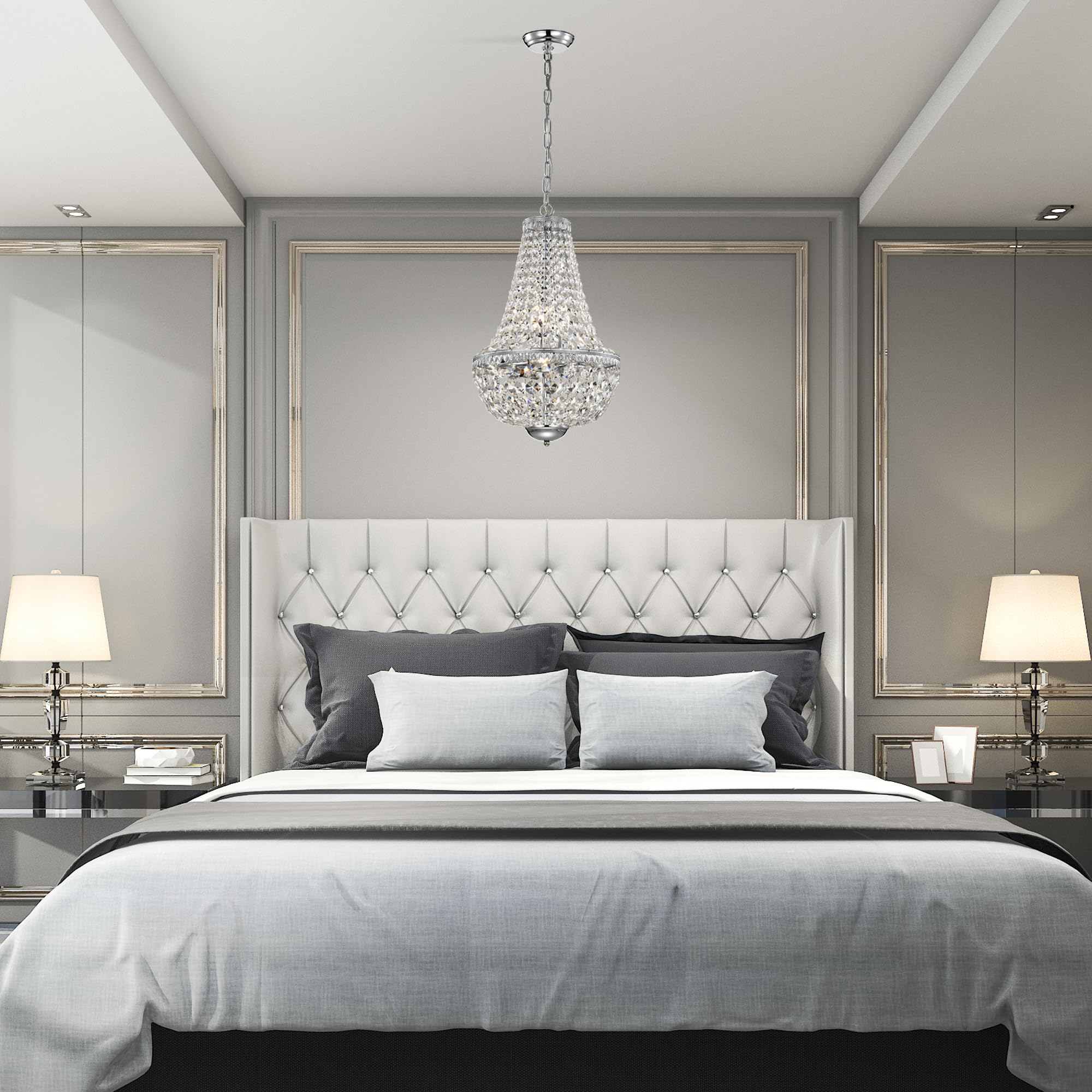 Luxury Empire Crystal Chandelier - 6-Light Glam Ceiling Fixture with Chrome Finish, Adjustable Chain for Entryway, Living Room & Dining Room Lighting | Perfect for Home Decor, Wedding Venues & Luxury Spaces