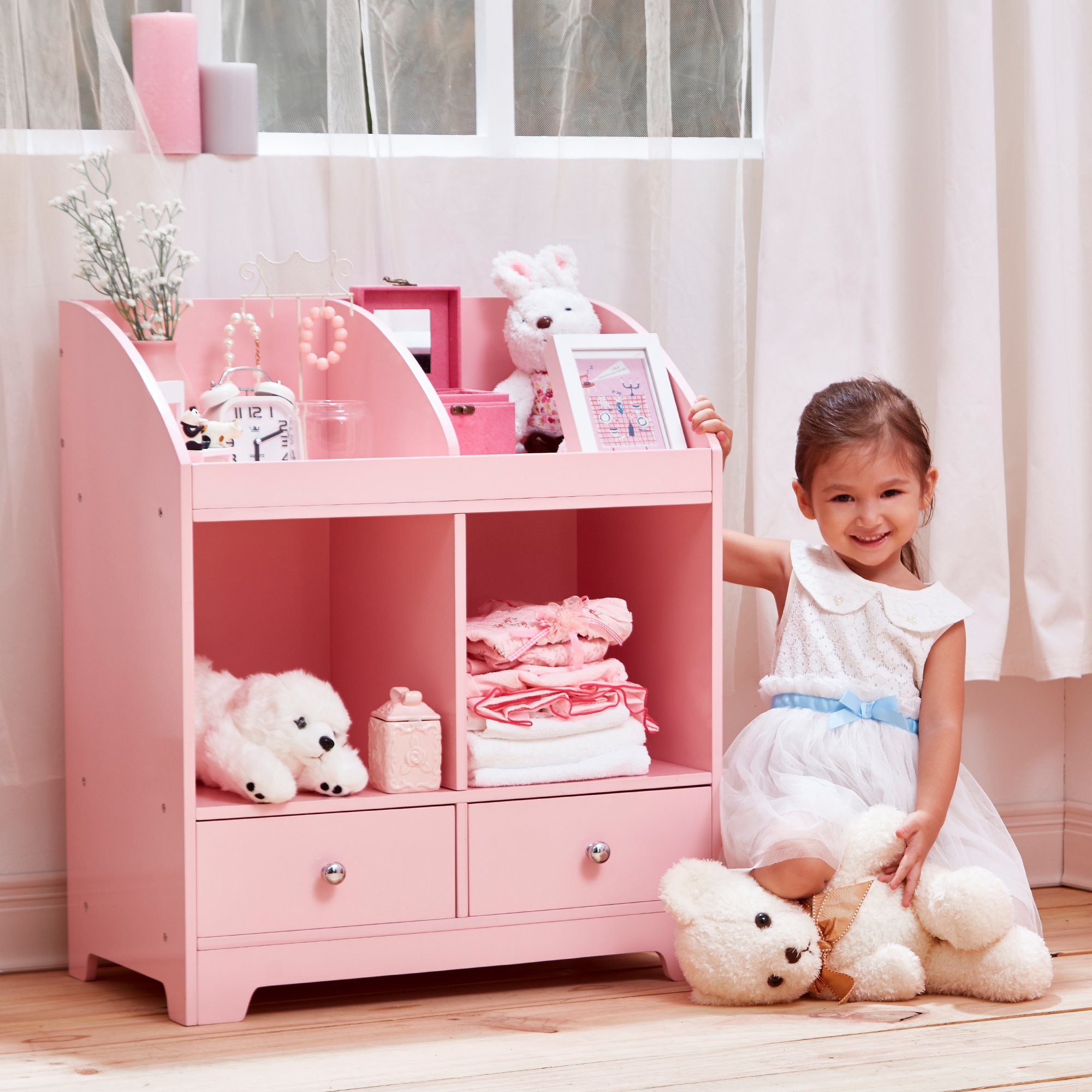 Teamson Kids Windsor Wooden Cubby Storage Organizer - Pink Toy Storage Shelf for Bedroom, Playroom & Nursery - Kids Room Organization Solution
