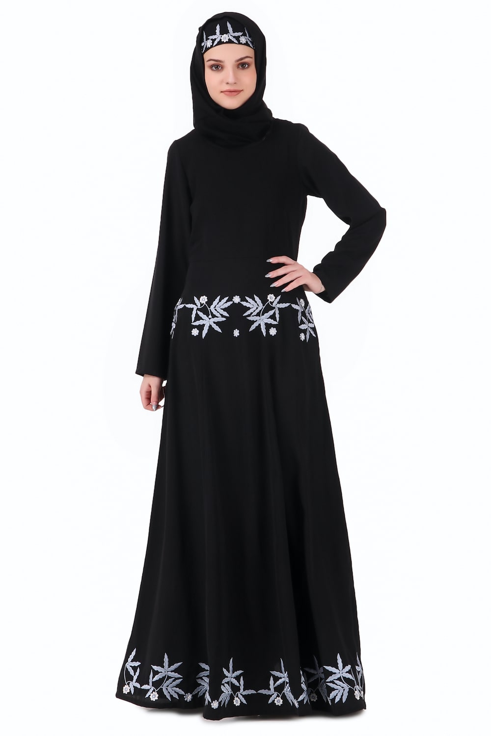Floral Embellished Flared Nida Abaya - Elegant Muslim Prayer Dress for Women | Perfect for Eid, Ramadan & Special Occasions