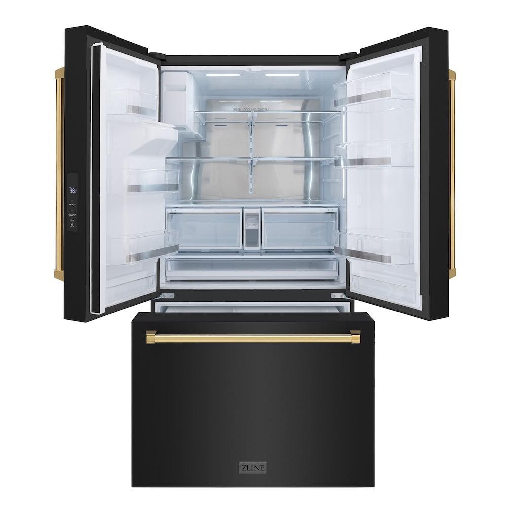 ZLINE Autograph Edition 36 Inch French Door Refrigerator - 28.9 cu ft Capacity, External Water Dispenser, Dual Ice Maker, Fingerprint Resistant Black Stainless Steel with Polished Gold Handles (RSMZ W 36 BS G) - Perfect for Modern Kitchens, Entertaining & Large Family Storage