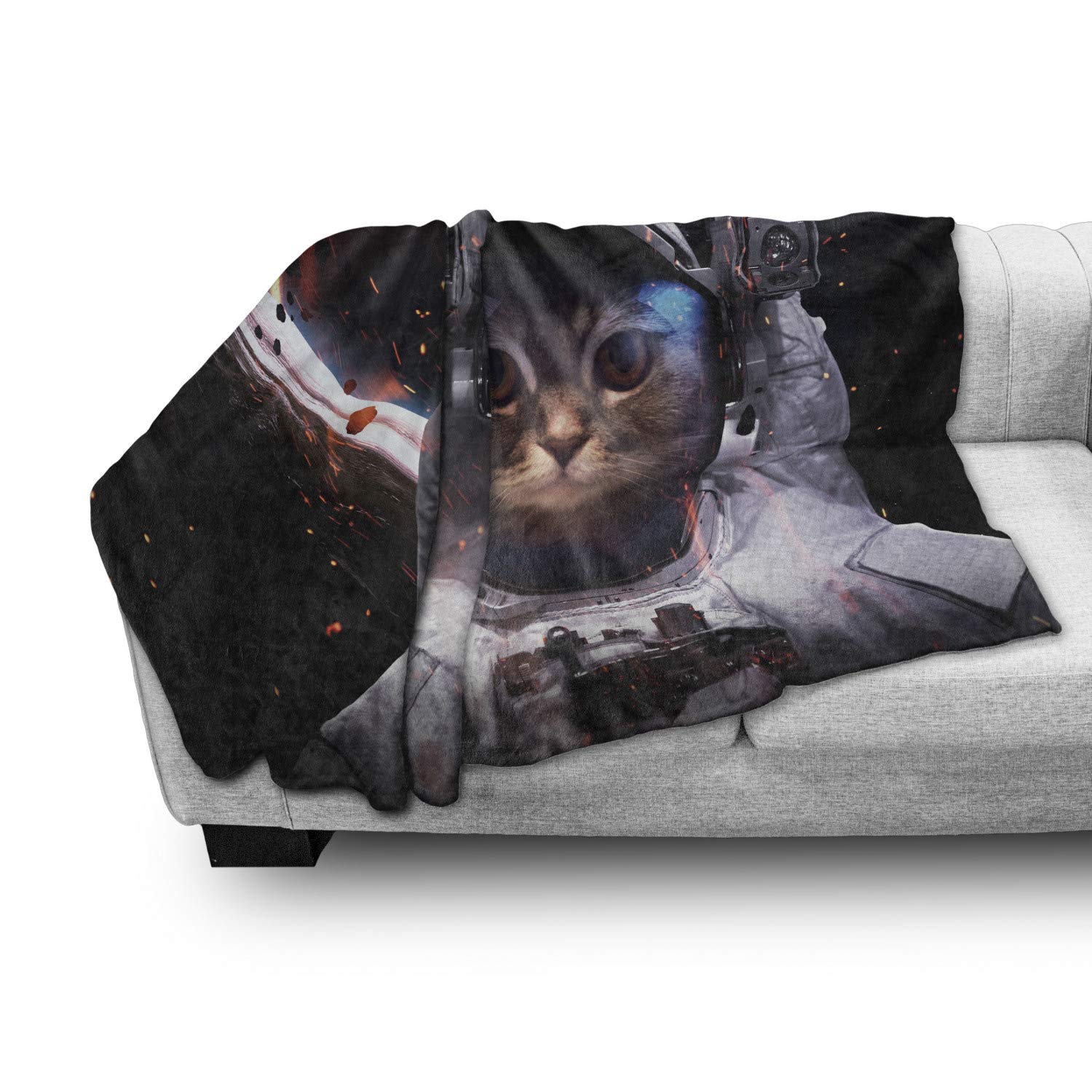 Ambesonne Space Cat Throw Blanket - Astronaut & Galaxy Design Flannel Fleece Blanket 50x70 Inches - Soft Couch Cover for Living Room, Bedroom - Dark Blue & White Space Themed Decor for Adults & Teens