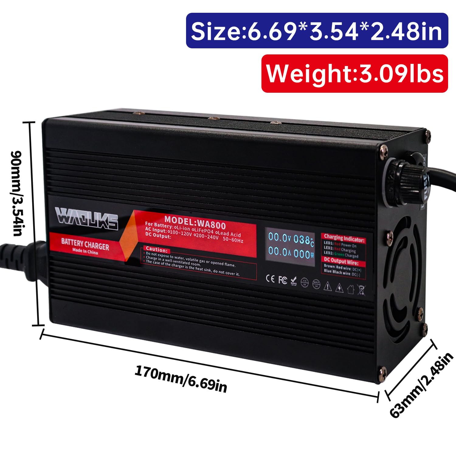 72V 8A Smart Battery Charger for Lead Acid/AGM/Gel/VRLA/OPZV Batteries - 82.8V DC Output with OLED Display & 3-Pin C13 Connector (N+L-) - Perfect for Golf Carts, Solar Systems, and Industrial Equipment