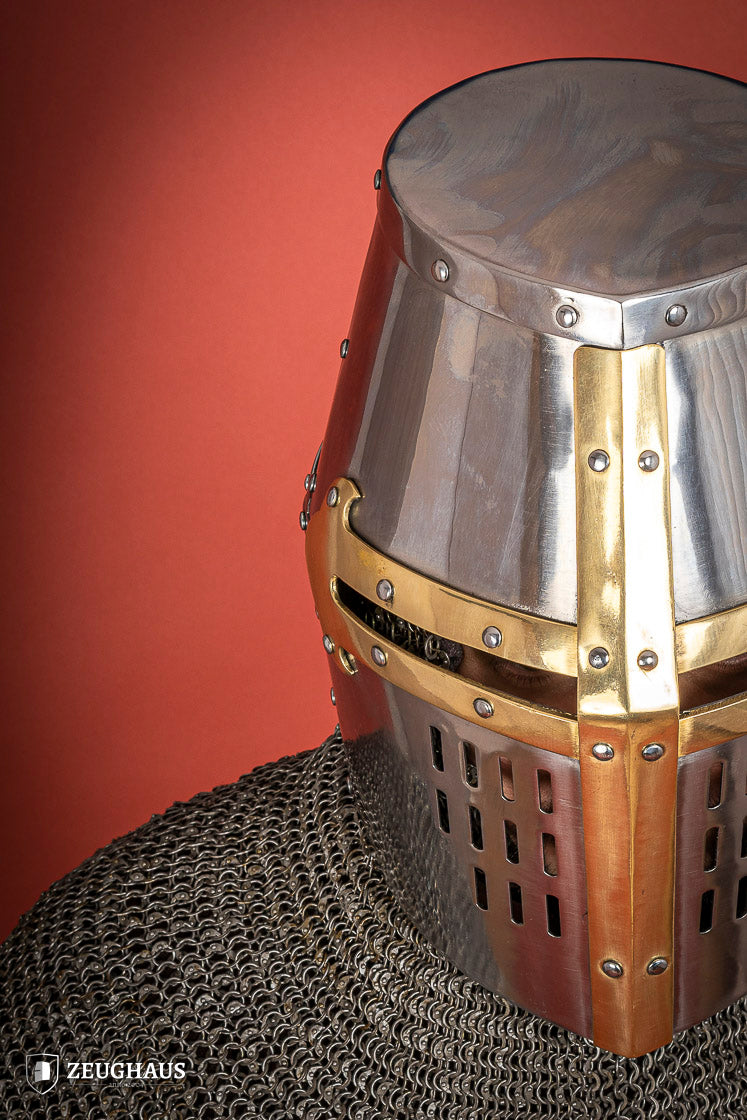 Medieval Crusader Great Helmet 1.6mm Steel with Brass Accents - Authentic Knight Armor for LARP, Cosplay & Historical Reenactment