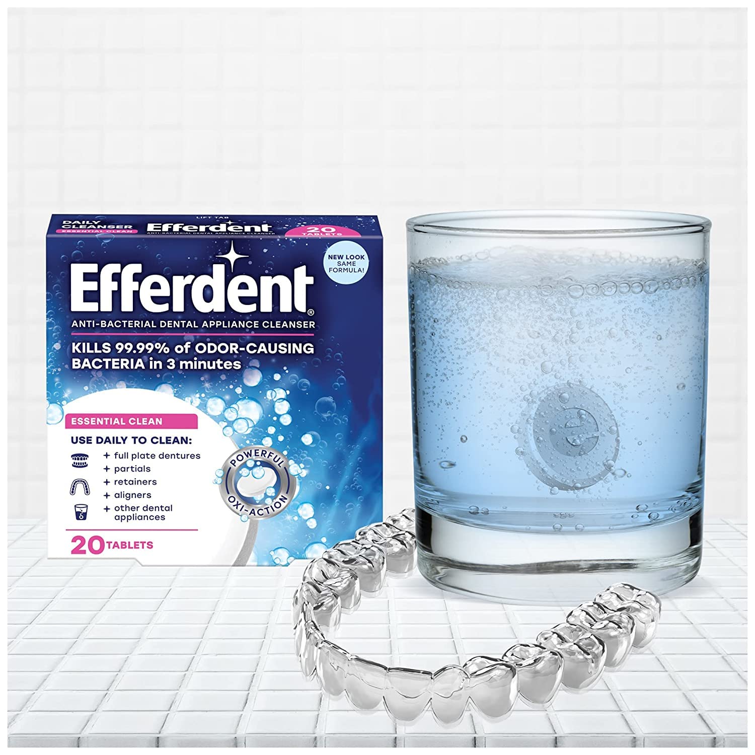 Efferdent Denture & Retainer Cleanser Tablets - 120 Count (6 Packs of 20) | Denture Cleaning Tablets for Fresh Breath & Stain Removal | Perfect for Daily Denture, Retainer & Night Guard Cleaning