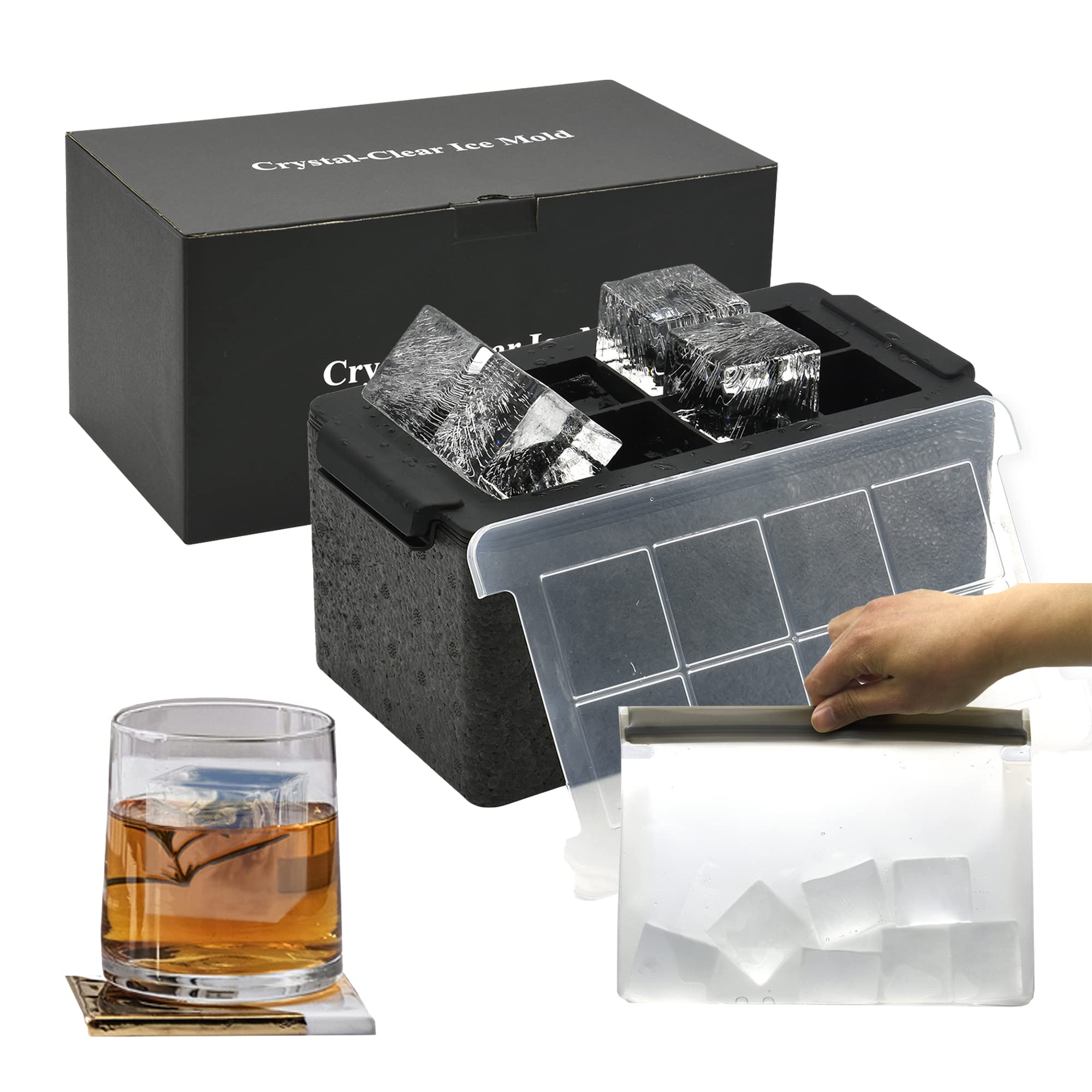 Premium Clear Ice Cube Molds - 2 Inch Large Ice Cube Maker for Whiskey & Cocktails | Set of 8 Reusable Silicone Molds with Storage Bag | Perfect for Bourbon, Scotch, Cocktail Parties & Home Bars