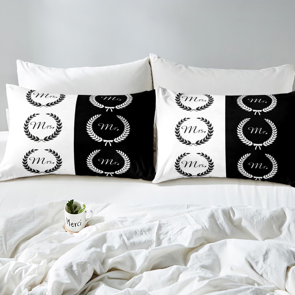 Erosebridal Black and White Duvet Cover Twin Size - Mr and Mrs Bedding Set 2 Pieces, Soft Microfiber Couple Romantic Theme Comforter Cover 68