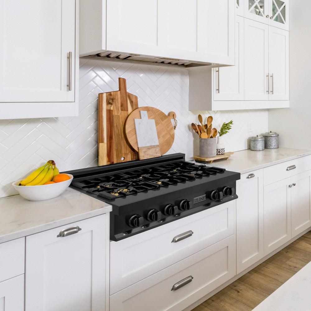ZLINE 36 Inch Black Stainless Steel Gas Rangetop with 6 Brass Burners & Porcelain Cooktop - Professional Grade Kitchen Appliance for Home Chefs & Cooking Enthusiasts | Perfect for Gourmet Meals, Entertaining & Large Family Dinners