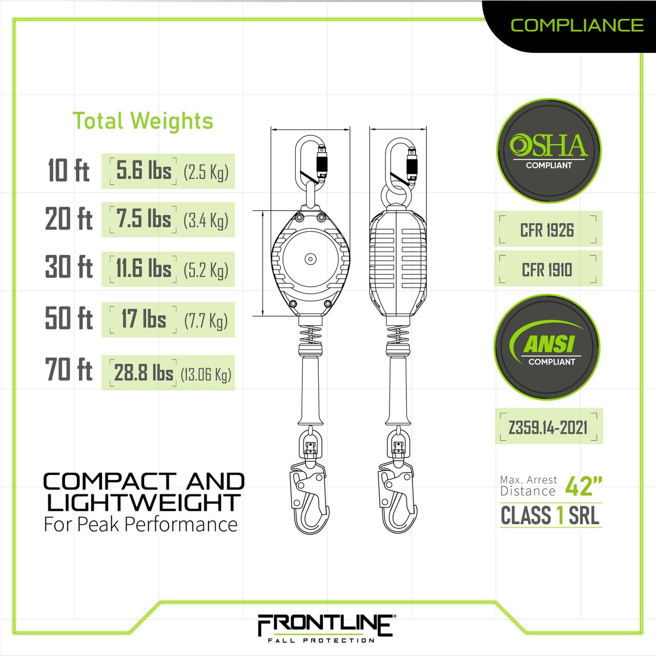 Frontline RPG20' Fall Protection Cable SRL with Steel Snap Hook | 3/16