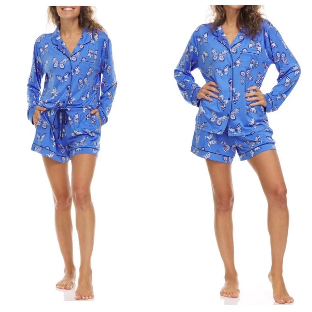 Victoria Charmeuse Pajama Set for Women - Soft & Luxurious Sleepwear, XL Size, Elegant Blue Butterfly Print - Perfect for Relaxing at Home, Spa Nights & Gift Giving